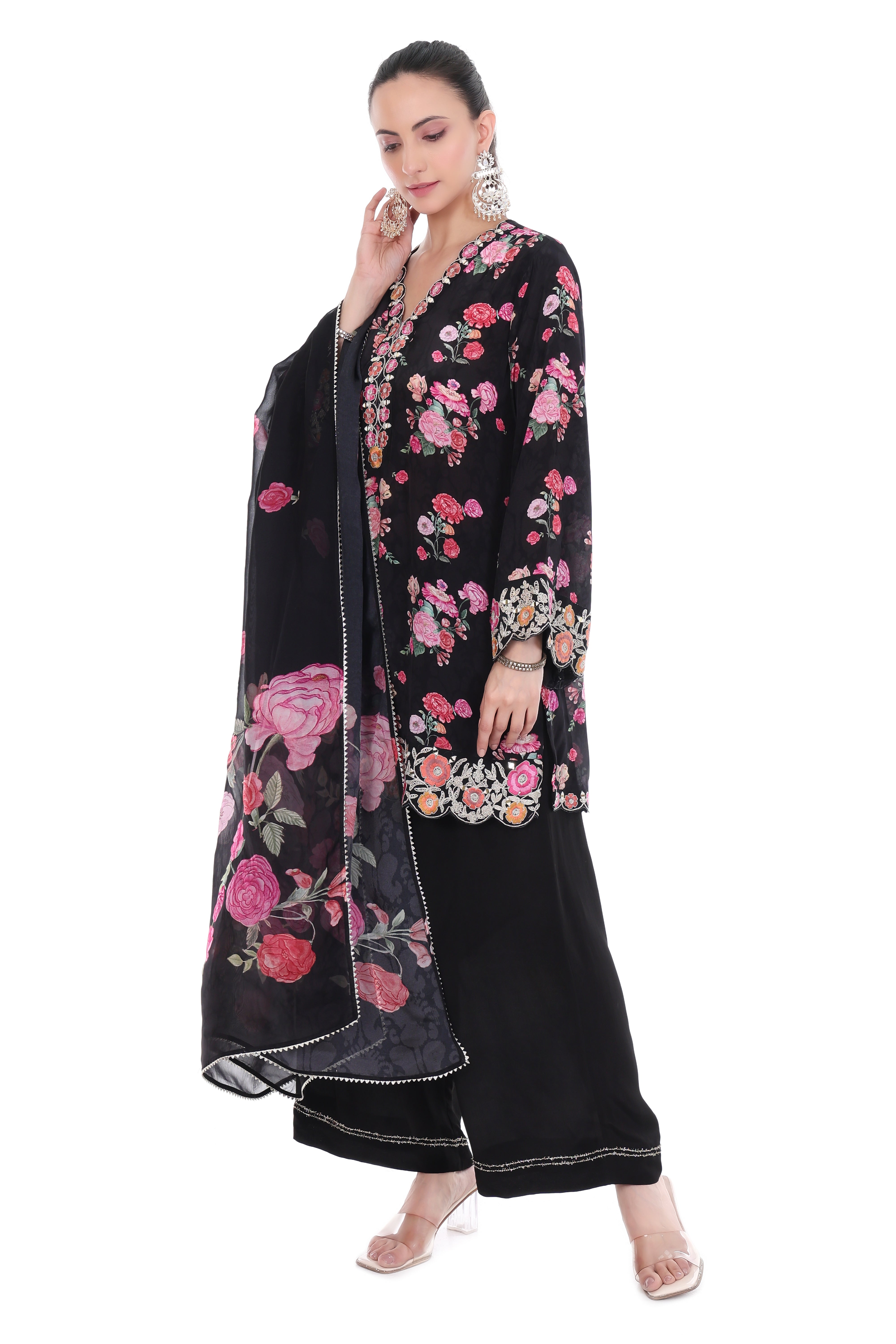 Black Embroidered Floral Short Kurta Set