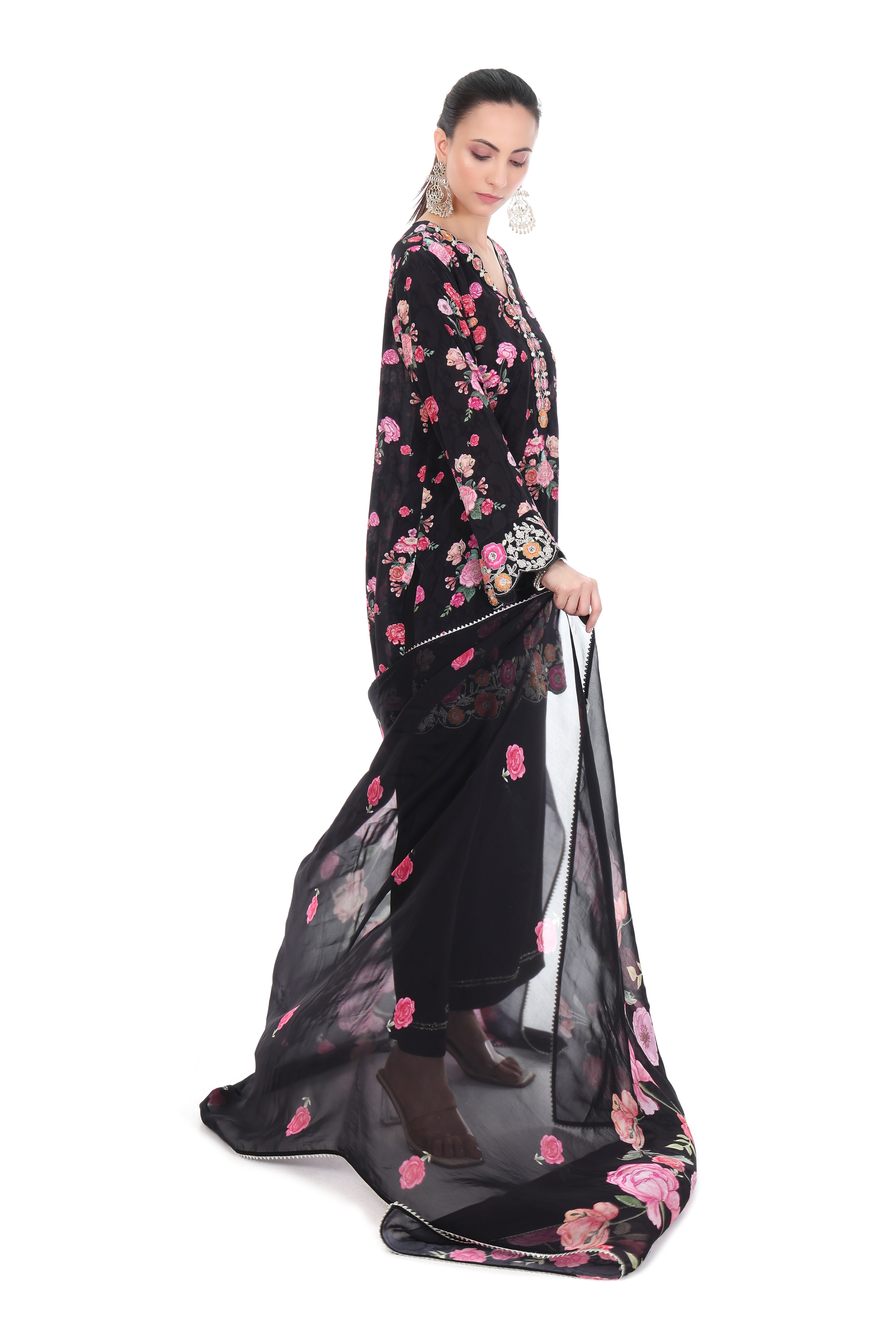 Black Embroidered Floral Short Kurta Set