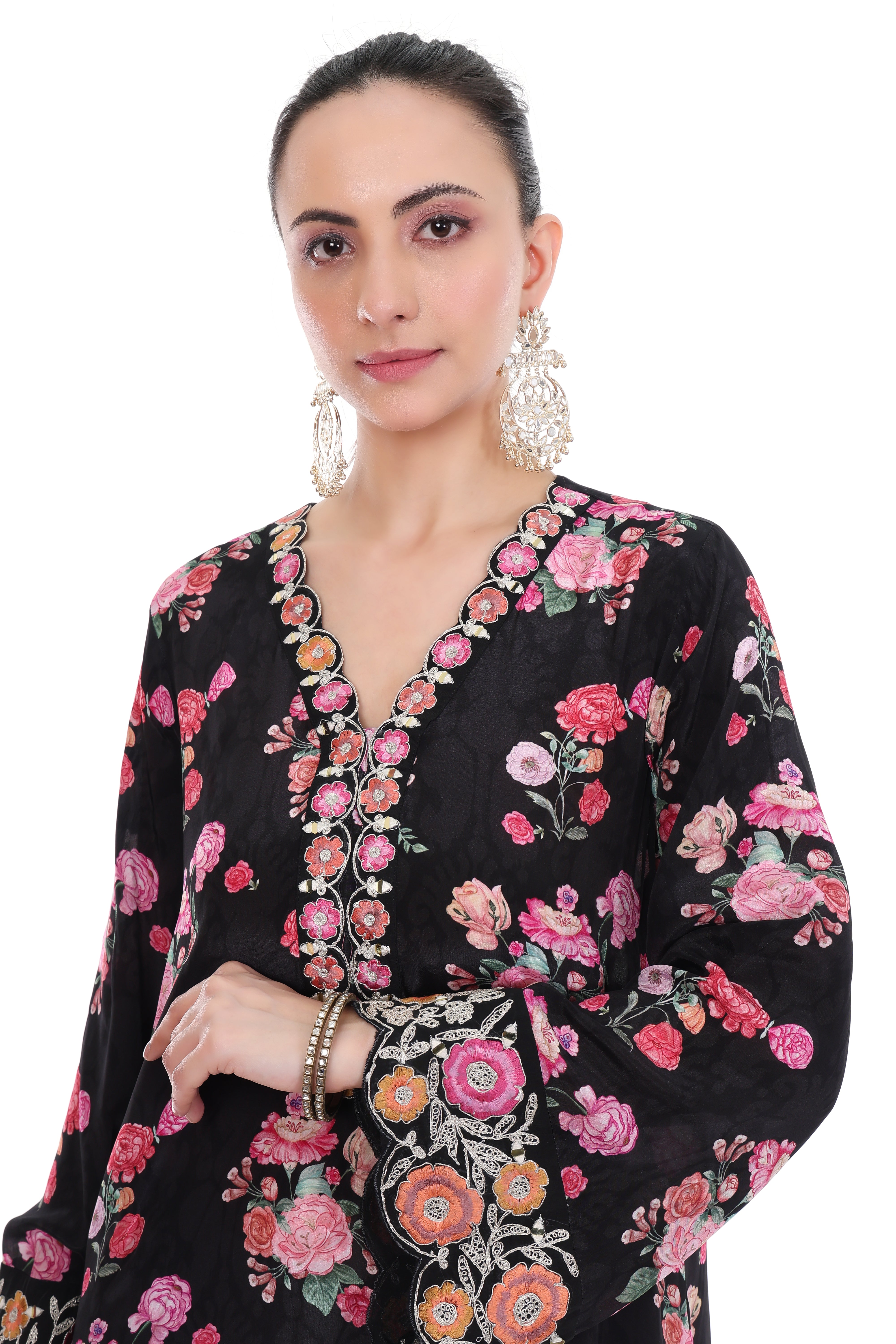 Black Embroidered Floral Short Kurta Set