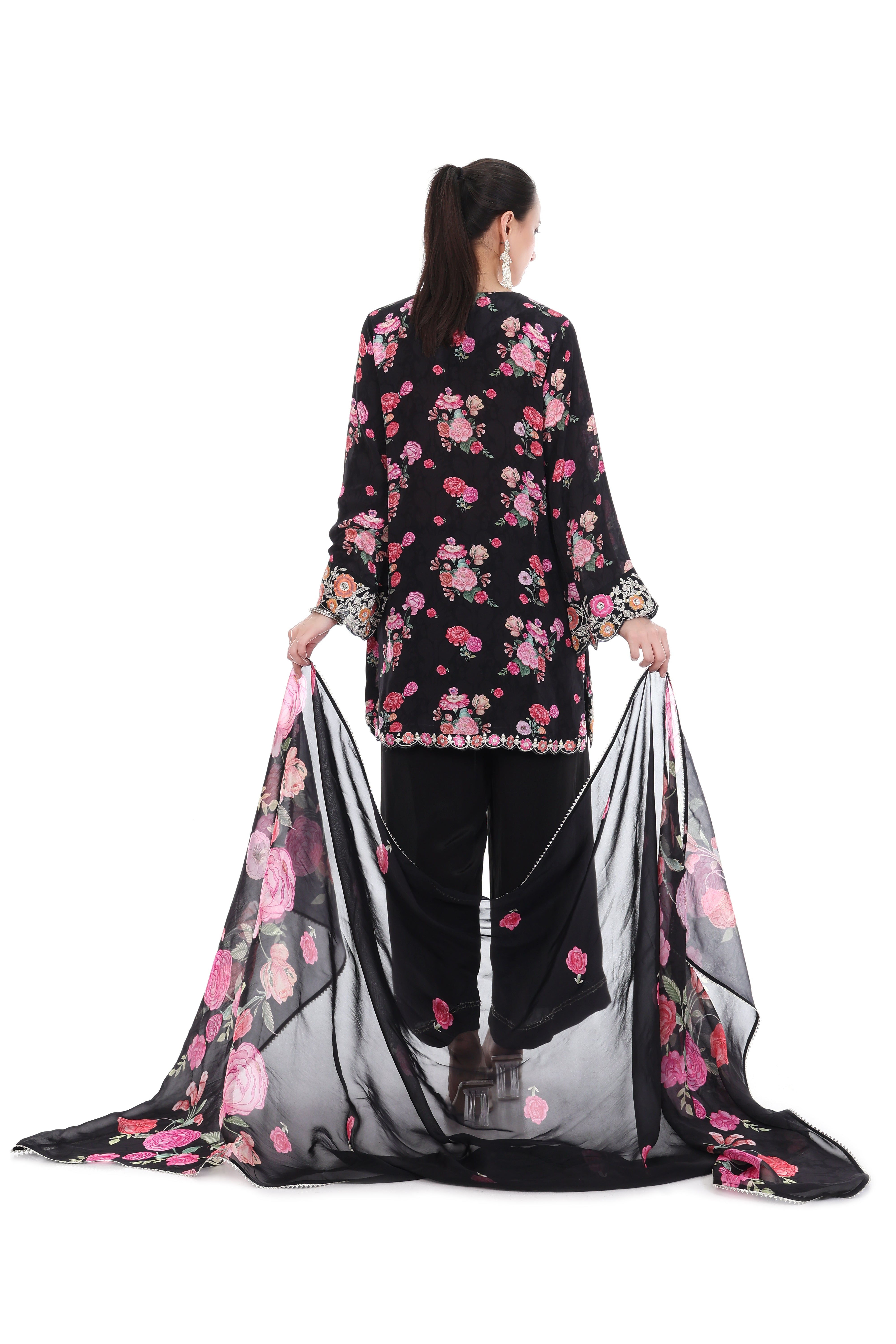 Black Embroidered Floral Short Kurta Set