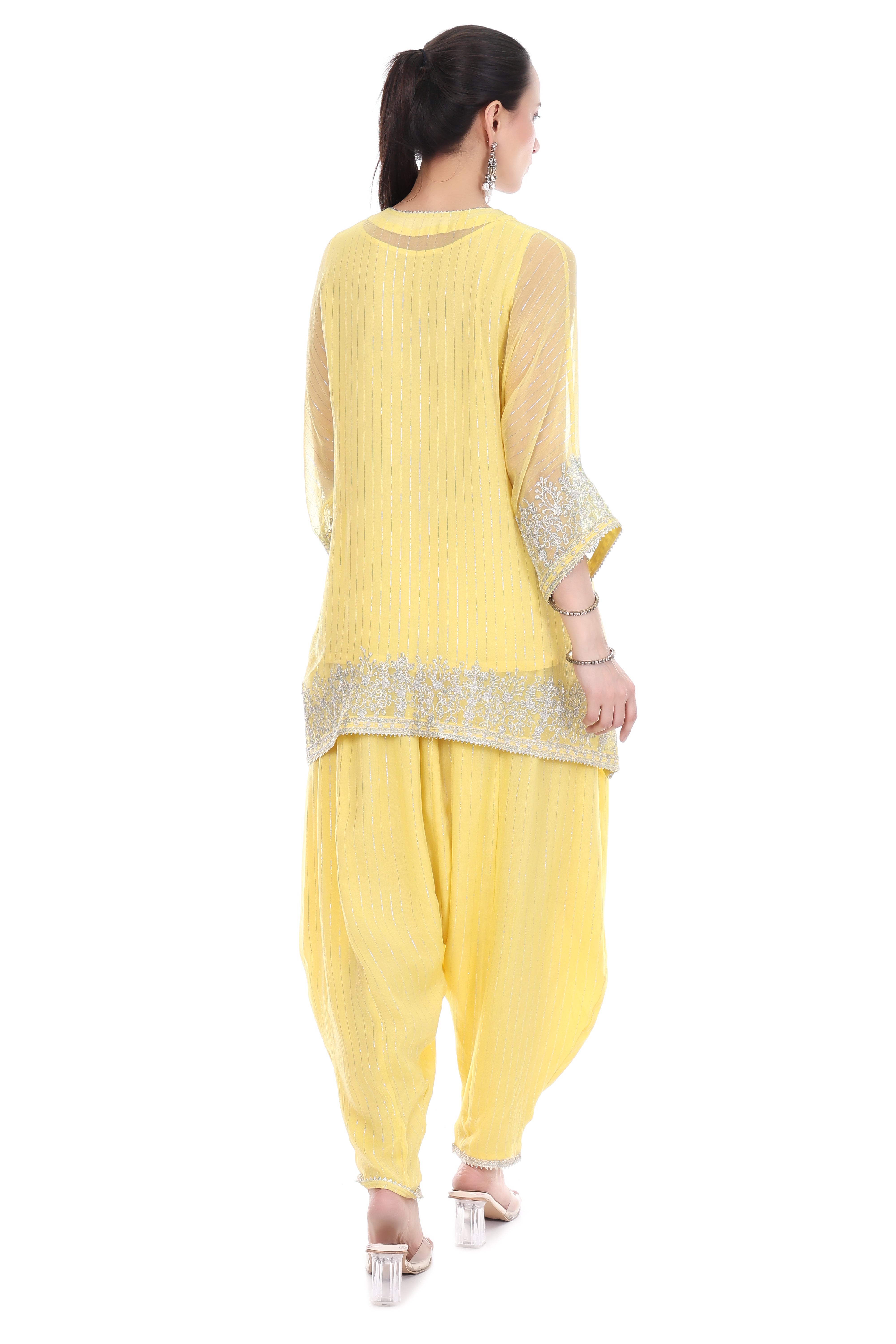 Yellow Embroidered High Low Kaftaan with Heram Pants