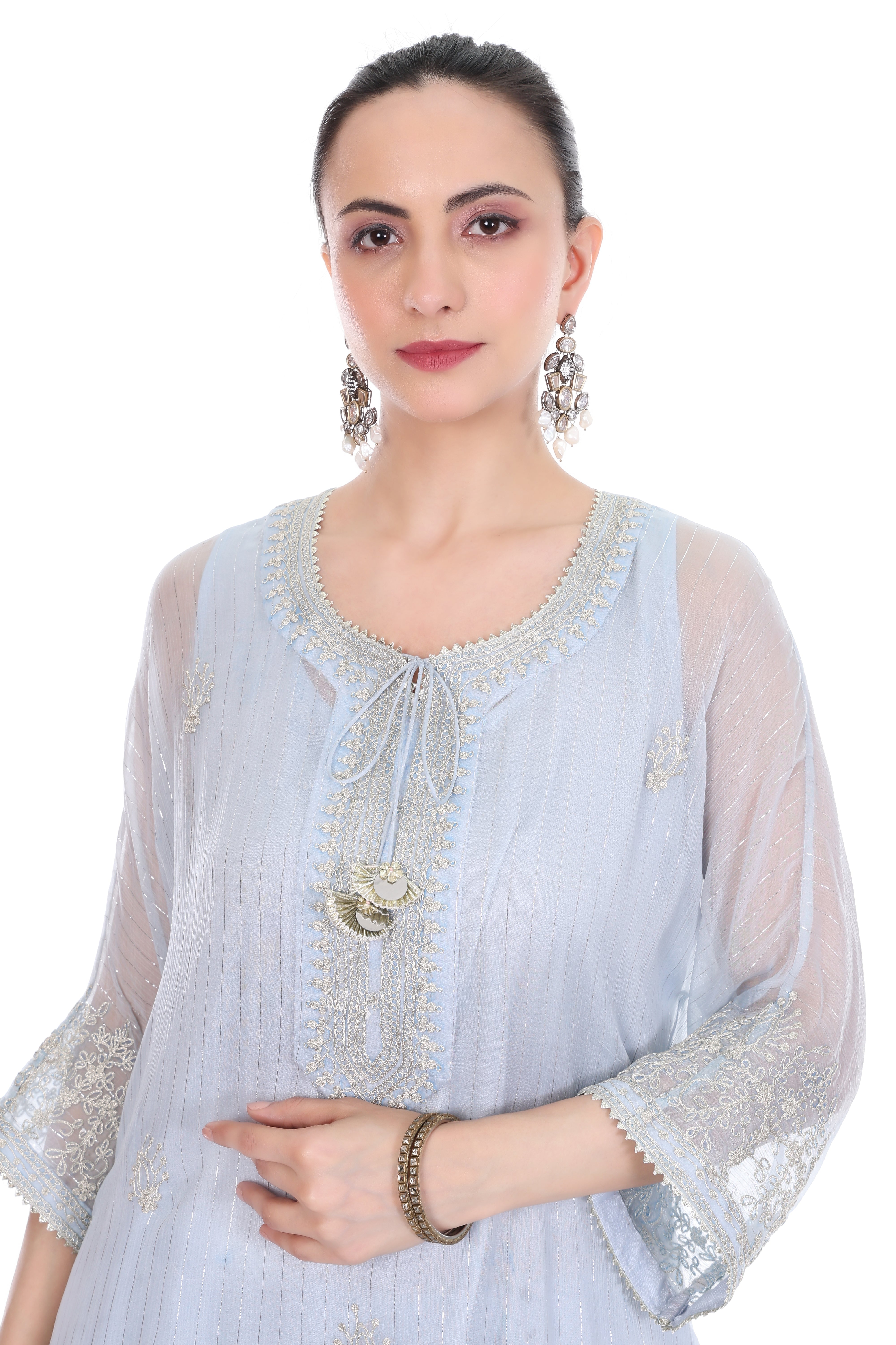 Blue Embroidered High Low Kaftaan with Heram Pants