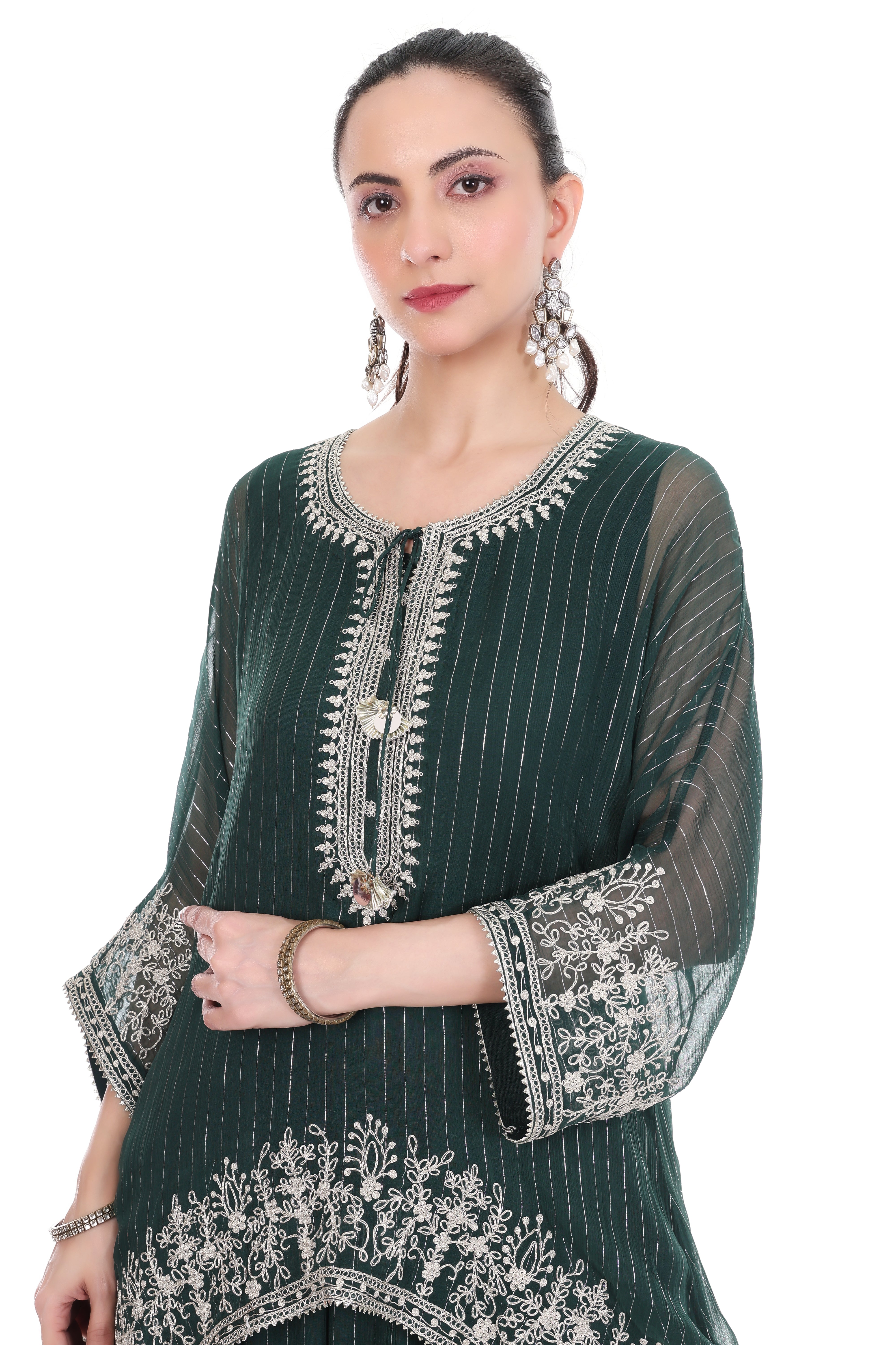 Green Embroidered High Low Kaftaan with Heram Pants