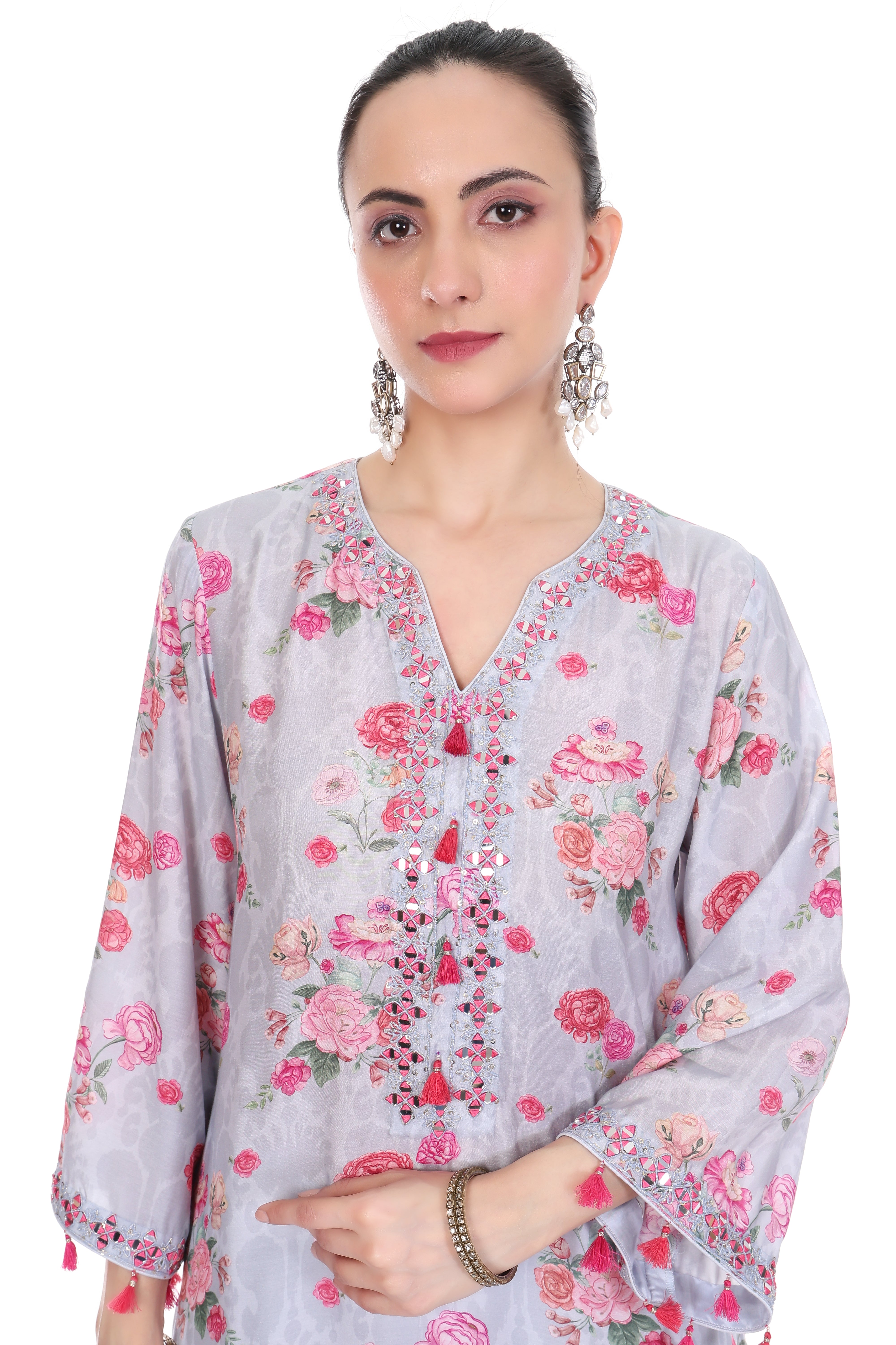 Blue Embroidered Floral Printed Kurta Set