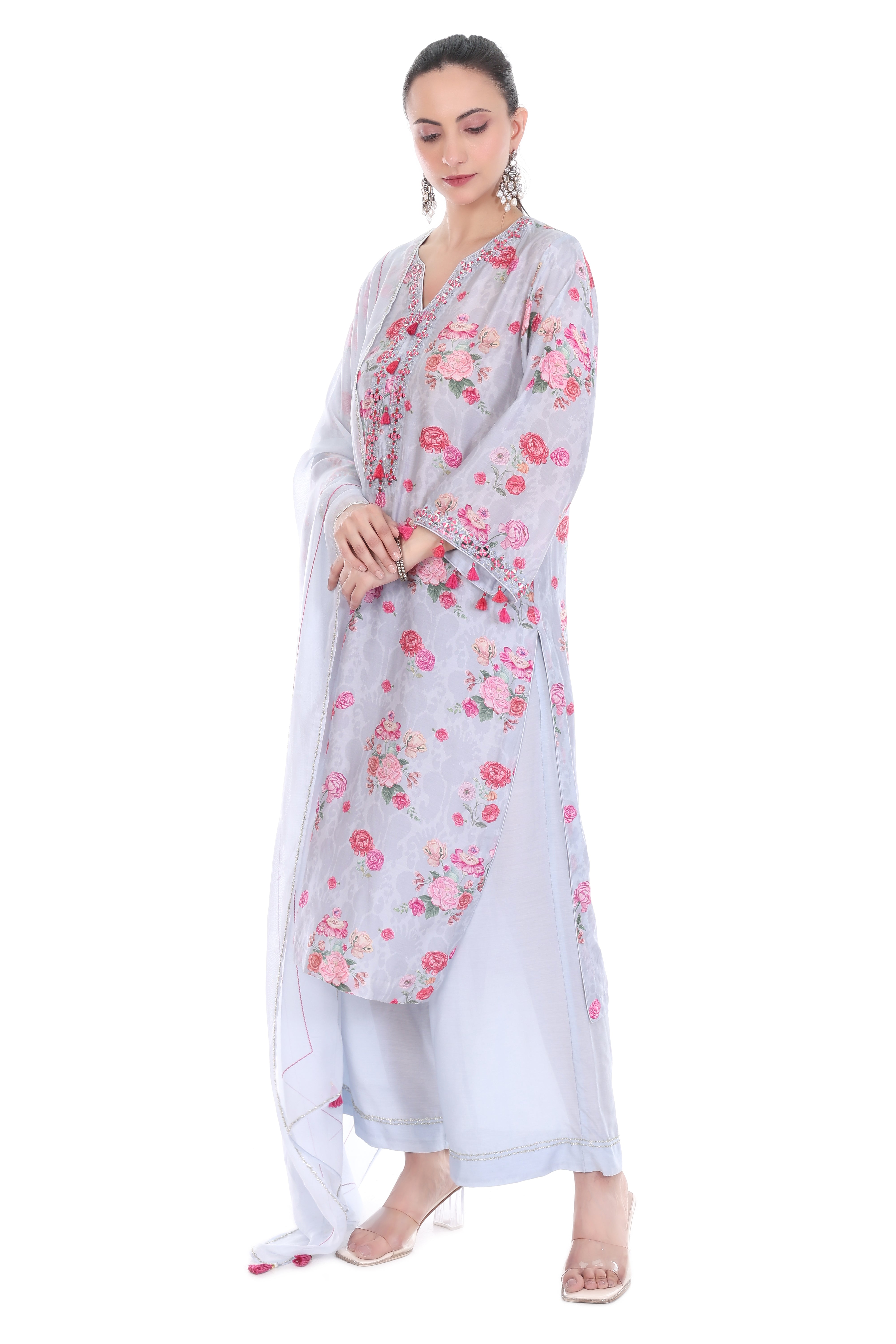 Blue Embroidered Floral Printed Kurta Set