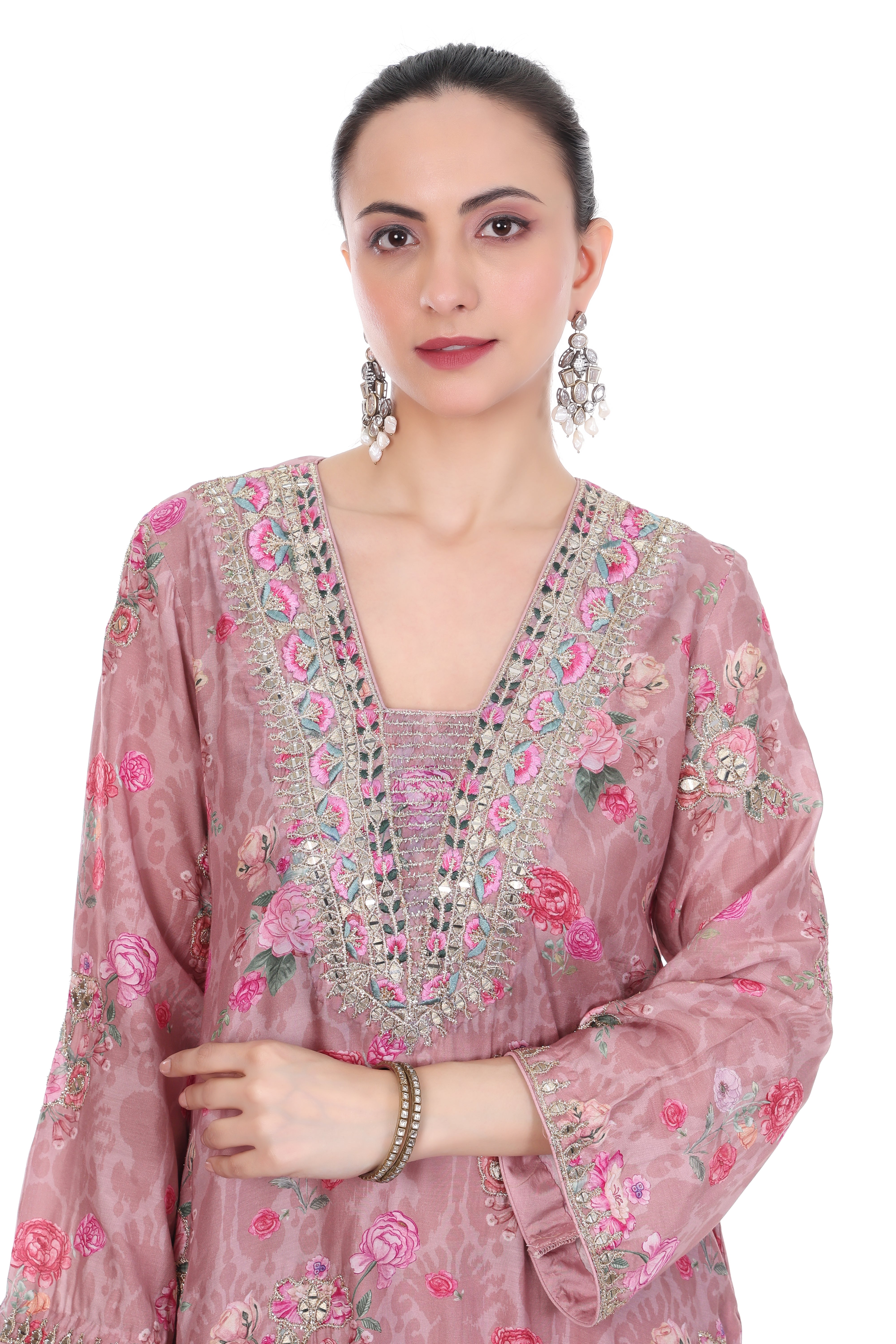 Pink Embroidered Floral Printed Kurta Set