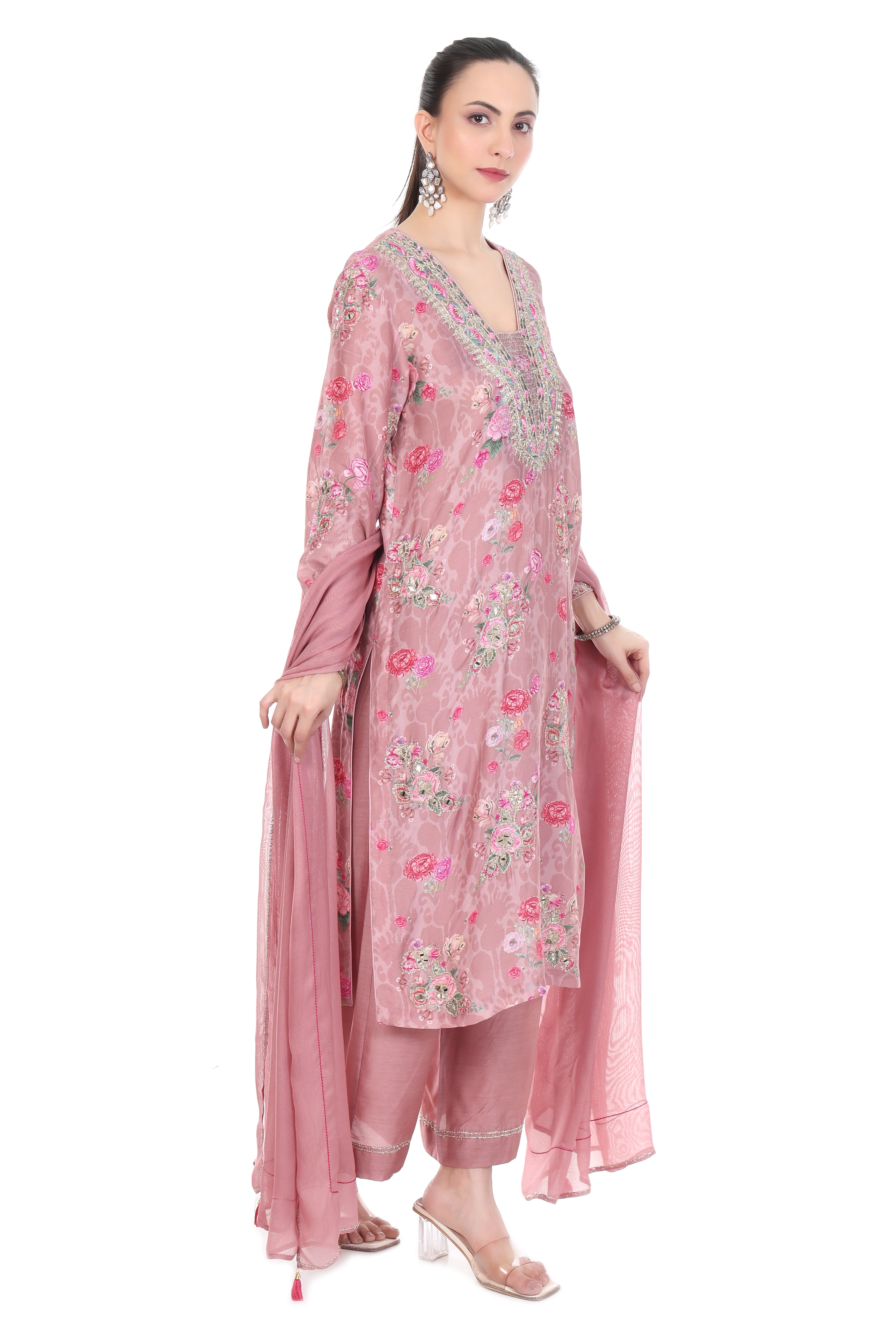Pink Embroidered Floral Printed Kurta Set