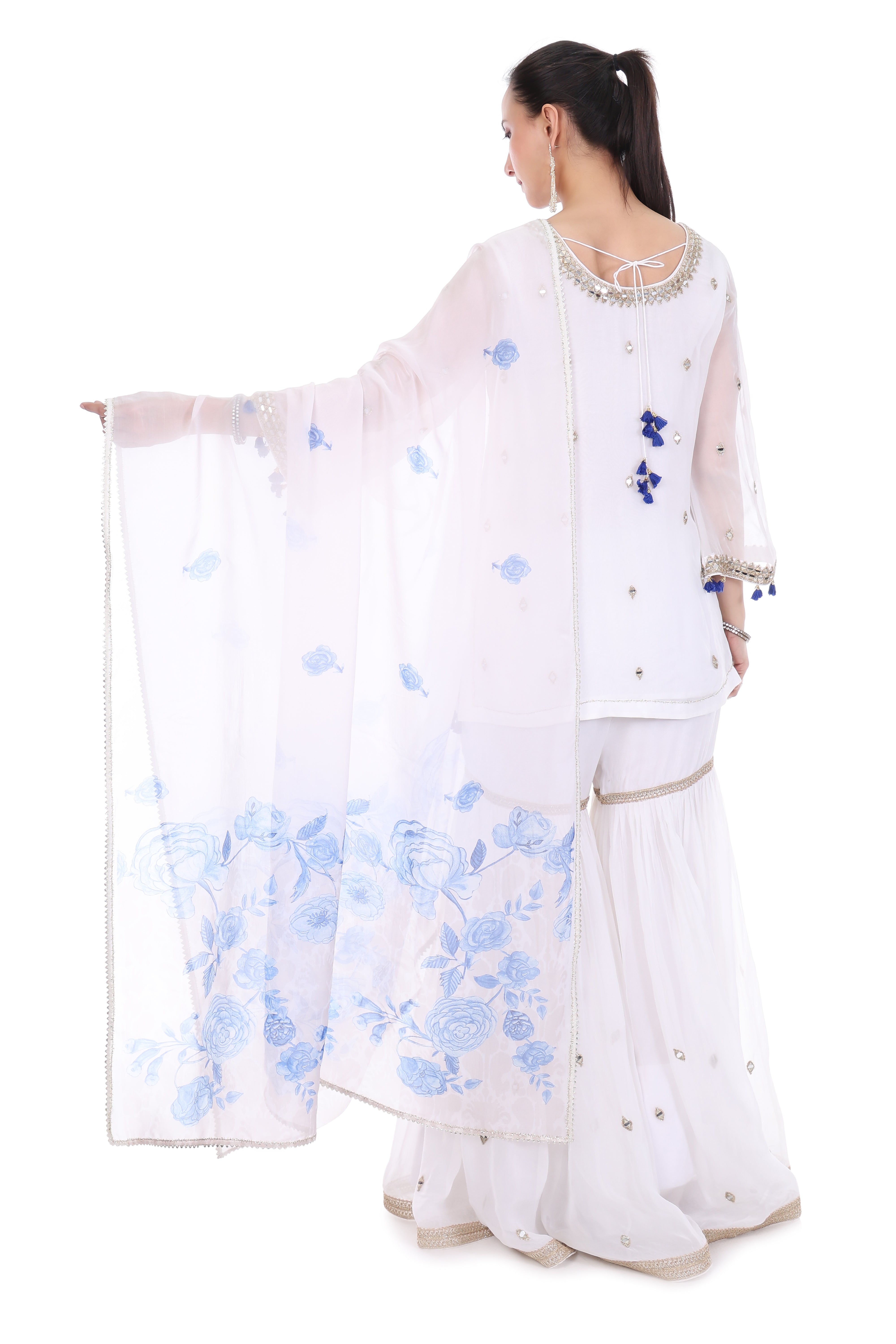 White Short Kurta Mirror Embroidered Sharara & Printed Dupatta