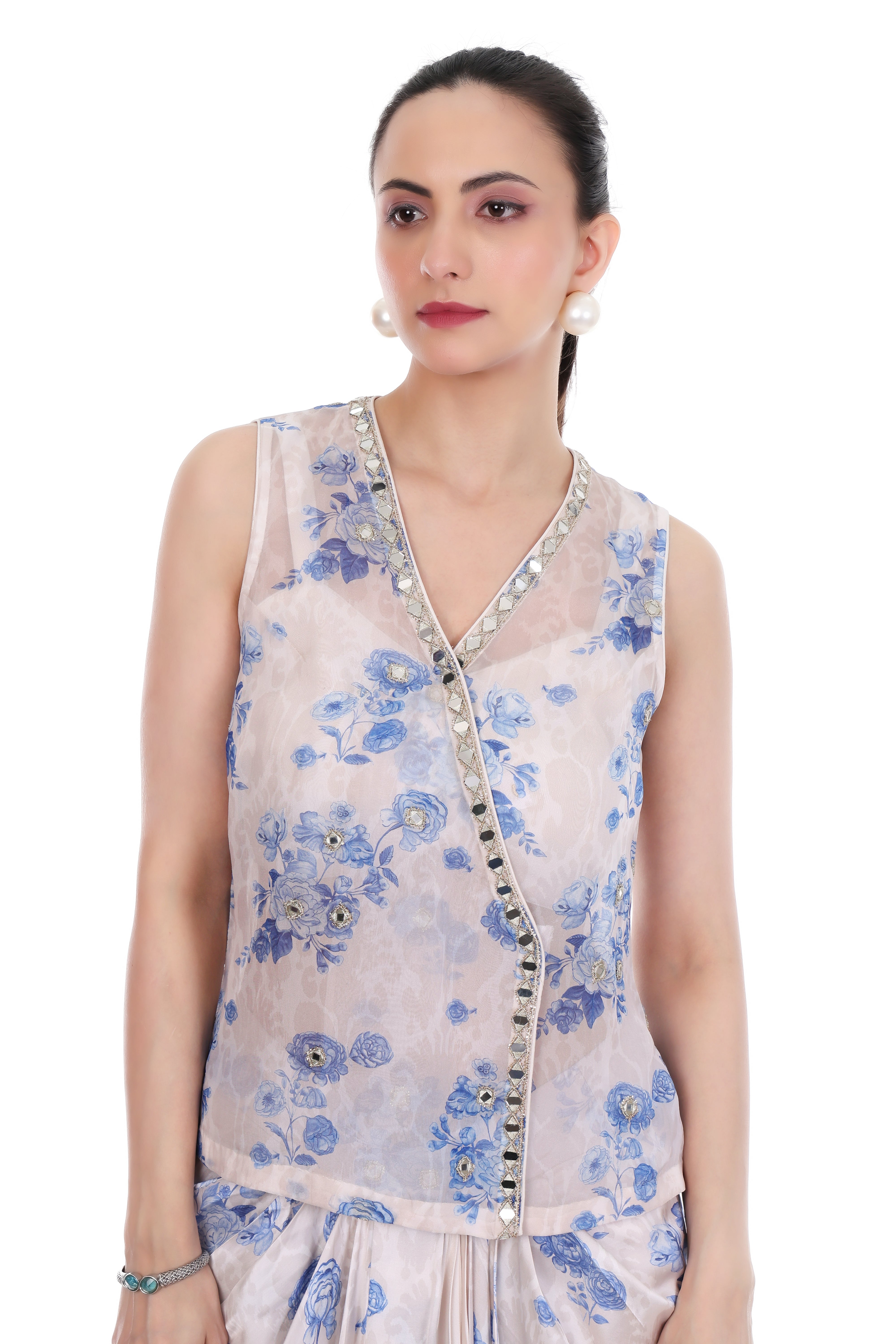 Blue White Sleeveless Jacket with Bustier & Drape Skirt