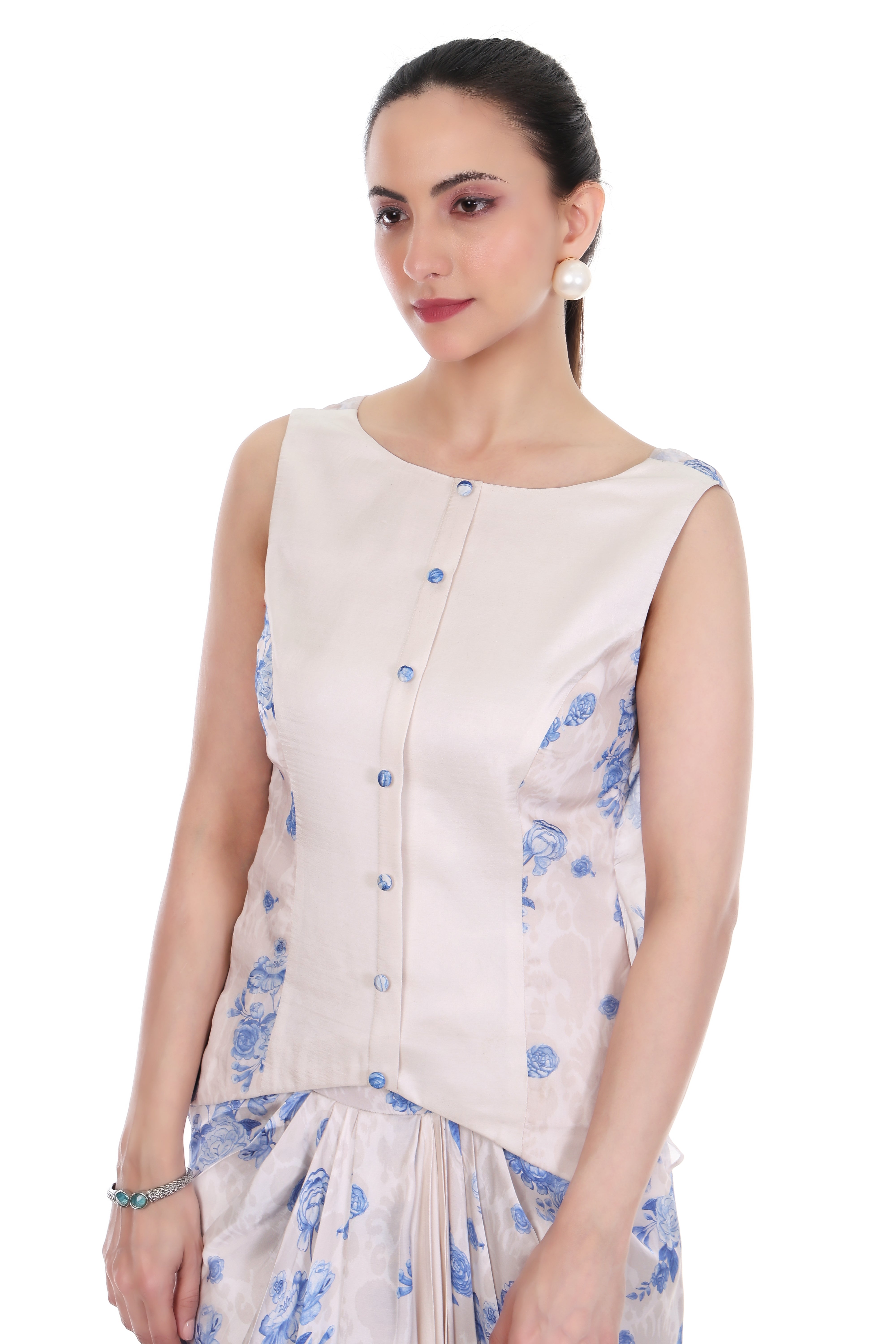 Blue White Floral Printed Cowl Back Top with Drape Skirt