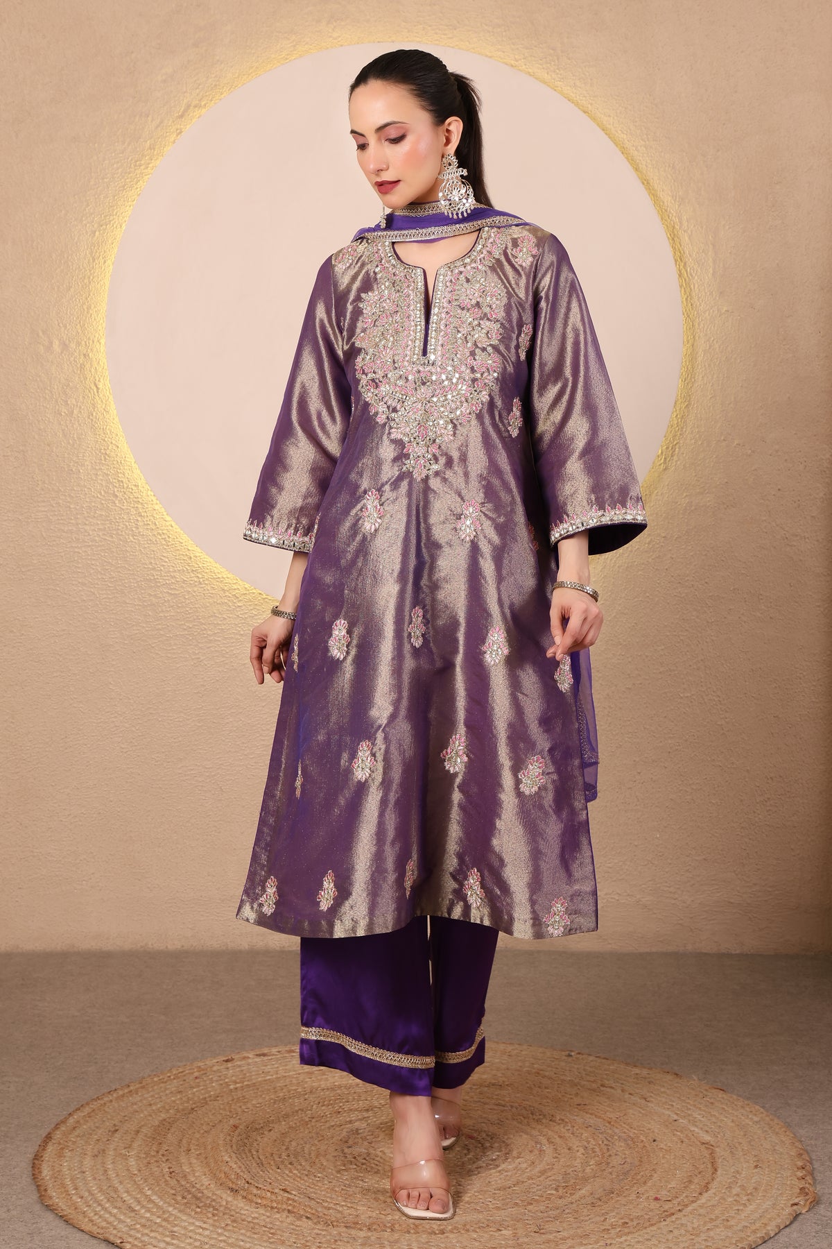 Arq – Purple Embroidered Tissue Kurta Set of 3