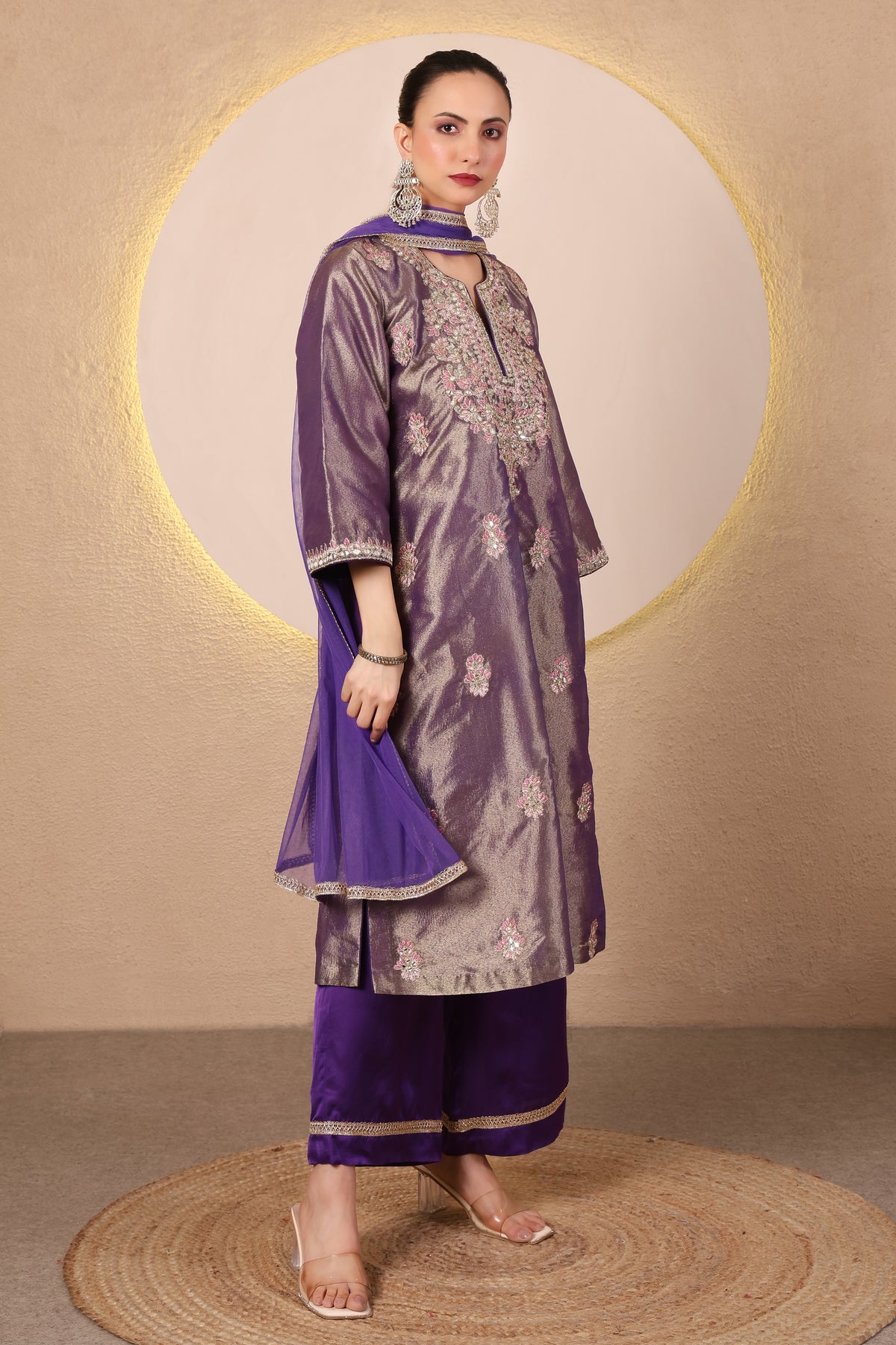 Arq – Purple Embroidered Tissue Kurta Set of 3