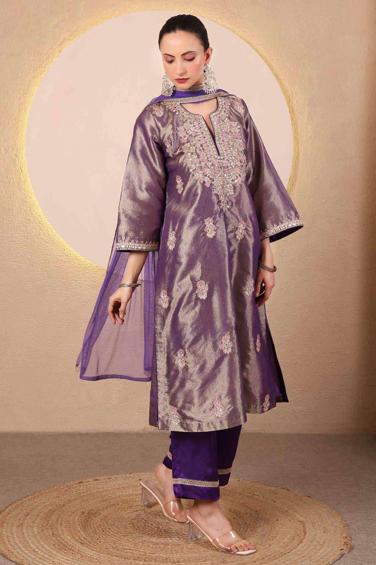 Arq – Purple Embroidered Tissue Kurta Set of 3