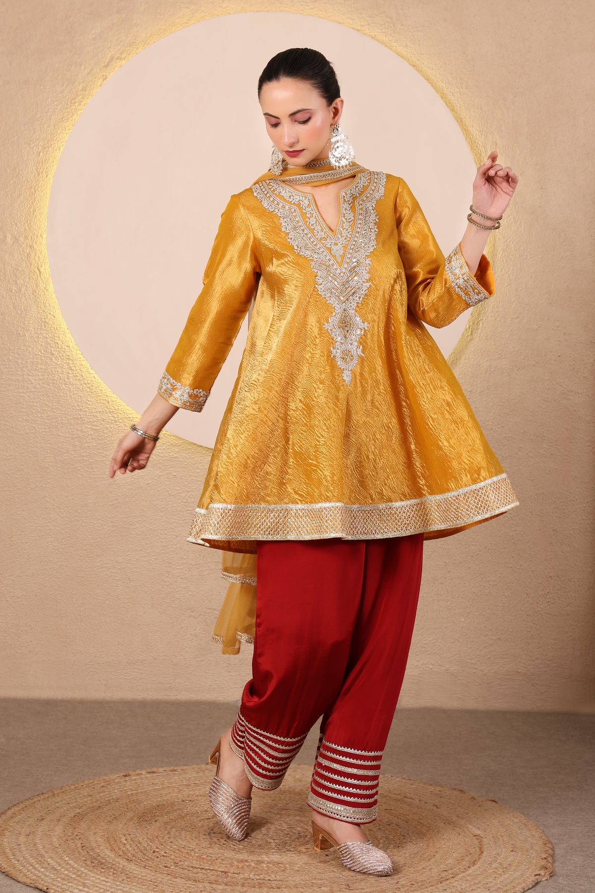 Arq – Mustard Yellow Short Flared Kurta Set of 3