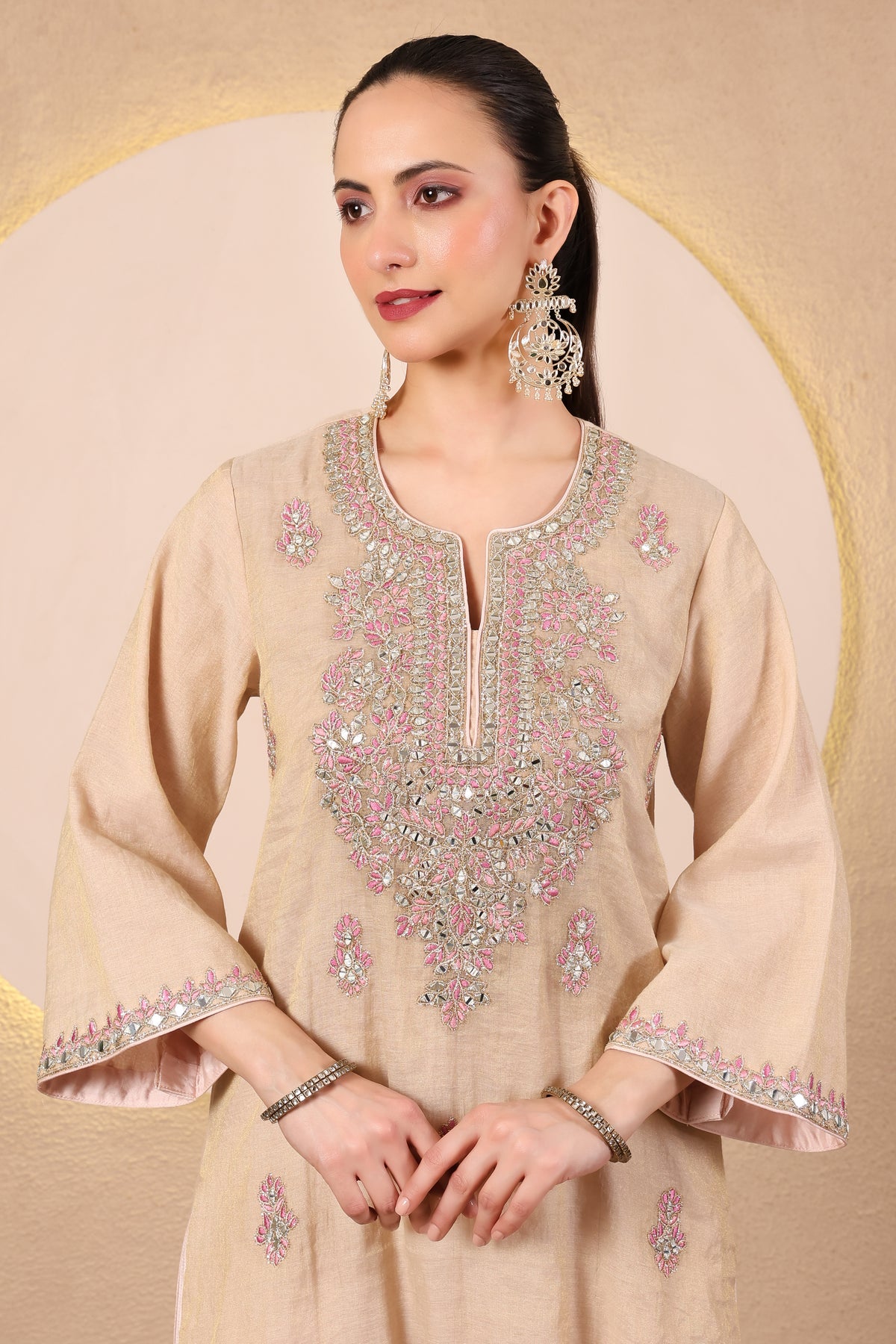 Arq:Golden Beige Mirror Embroidered Kurta Set of 3