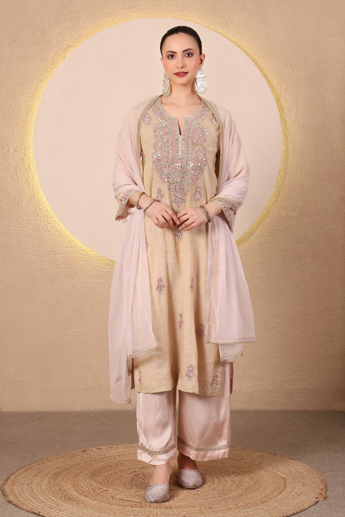 Arq:Golden Beige Mirror Embroidered Kurta Set of 3