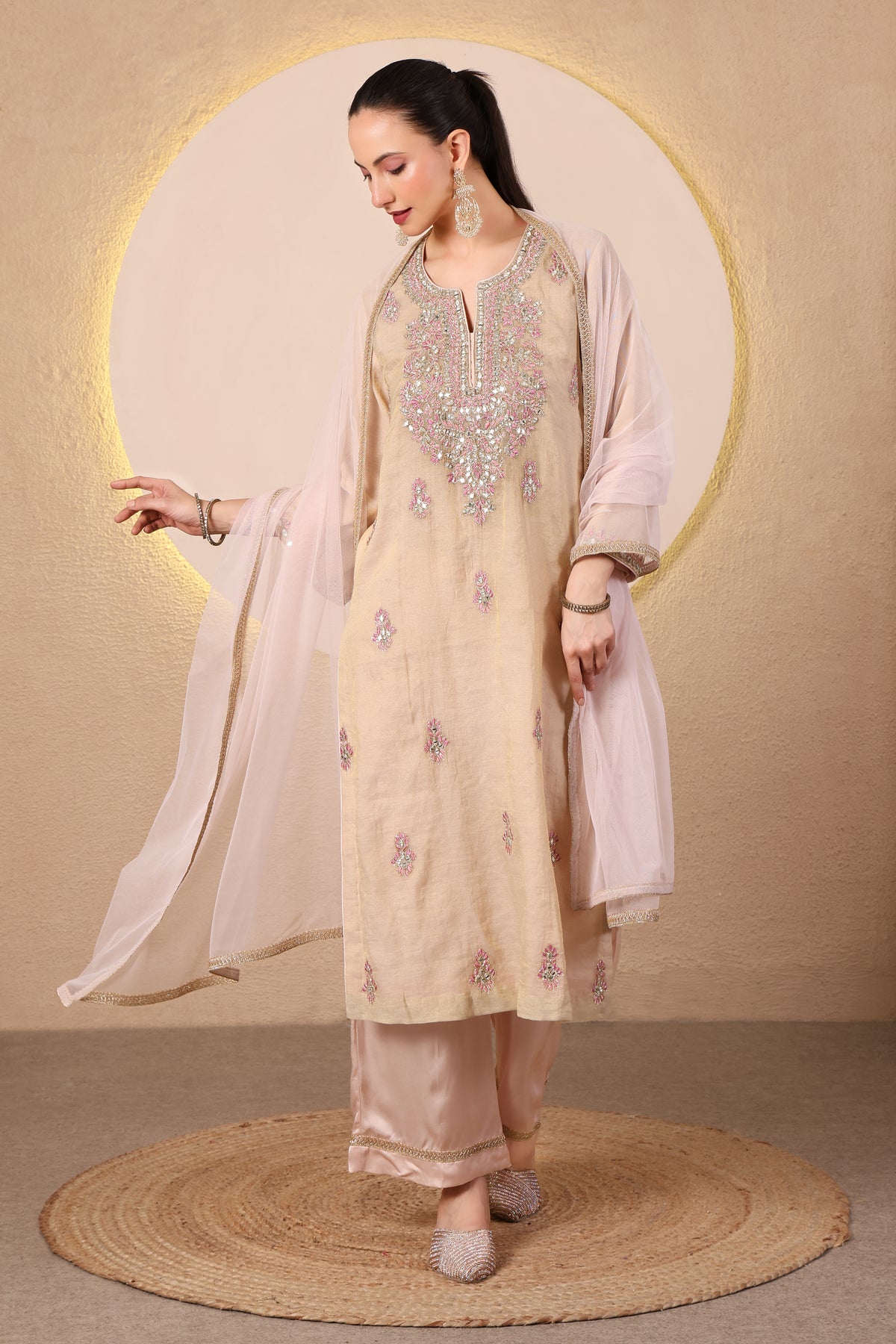 Arq:Golden Beige Mirror Embroidered Kurta Set of 3
