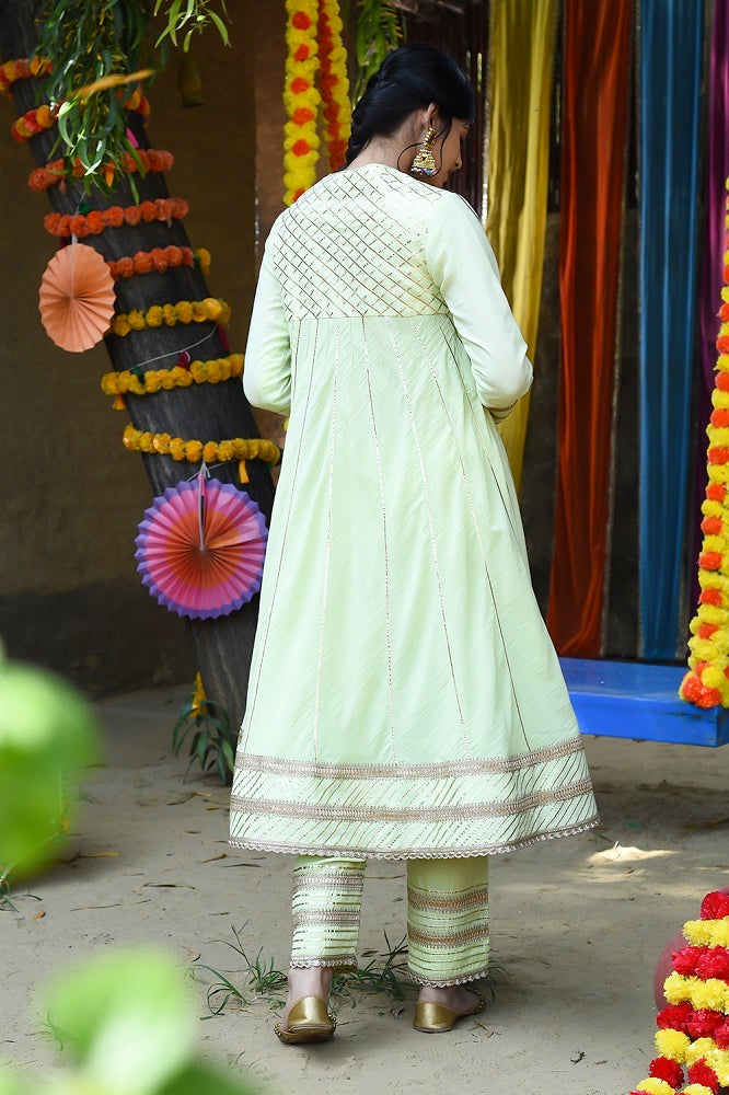 Green Kurta Mul Silk Embroidery Gota Angarkha And Farshi Pyjama Set