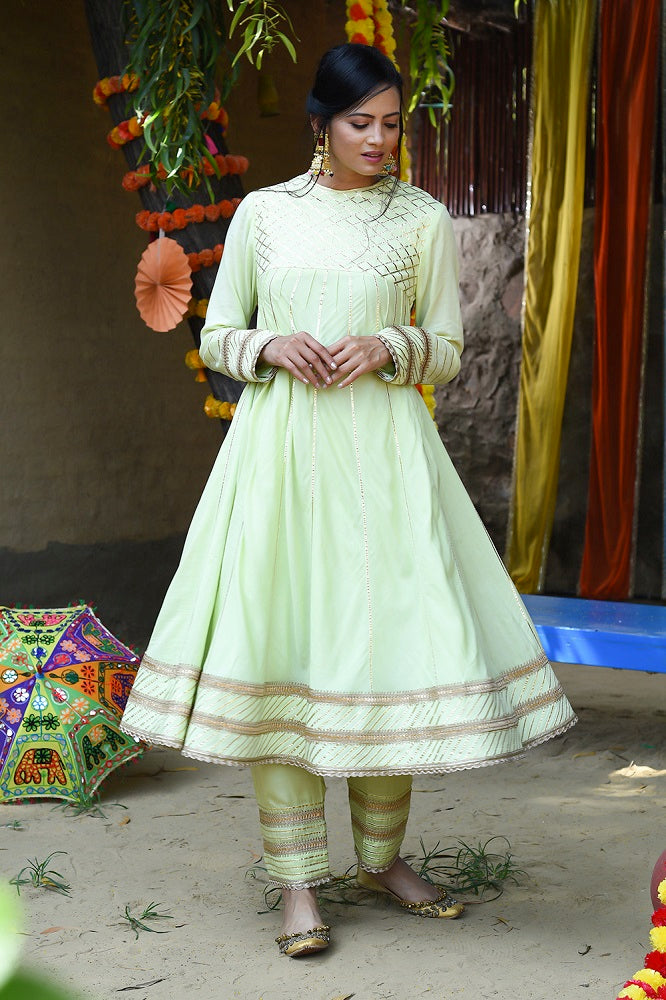 Green Kurta Mul Silk Embroidery Gota Angarkha And Farshi Pyjama Set