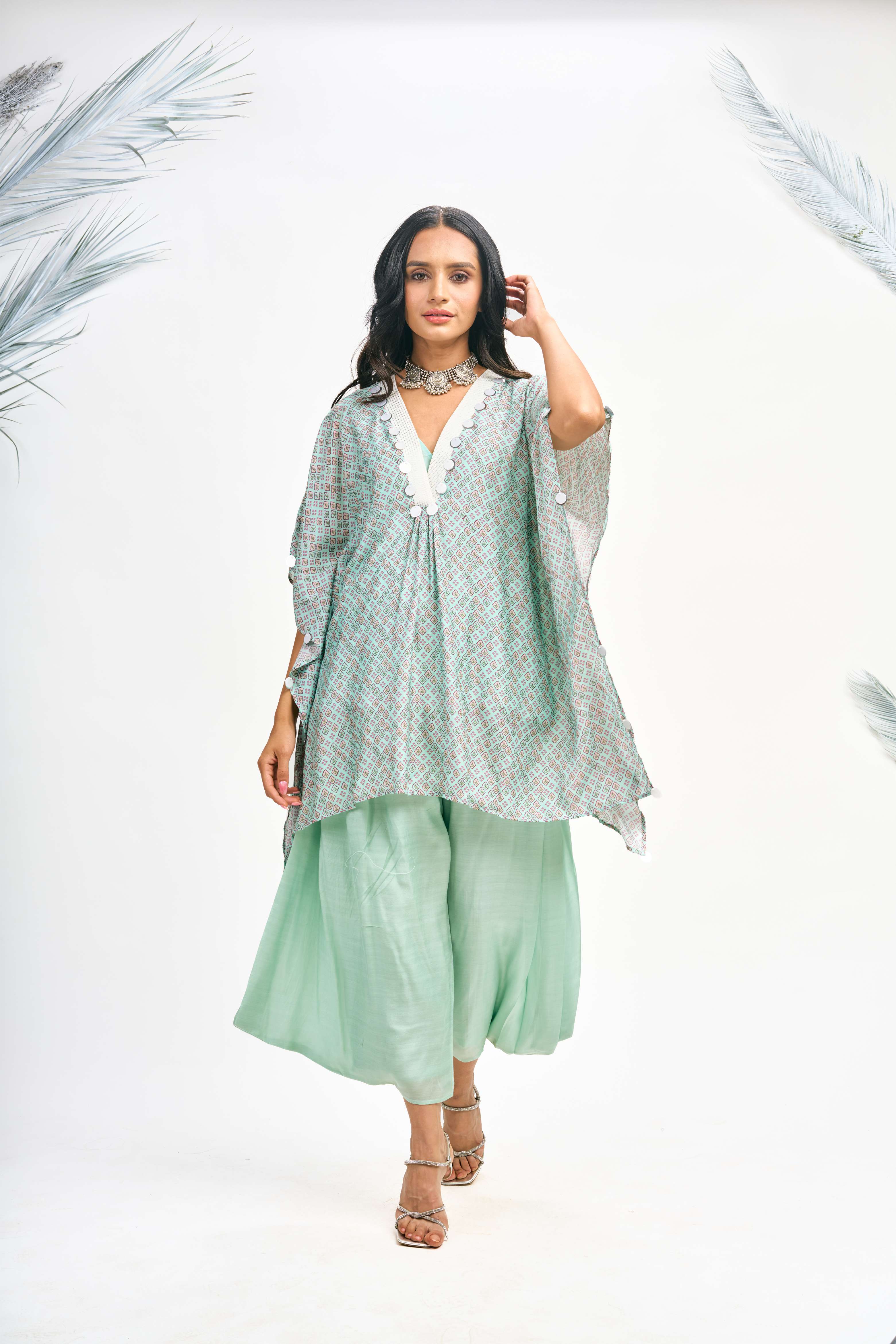 Turquoise Digital Printed Kaftaan Co-ord Set
