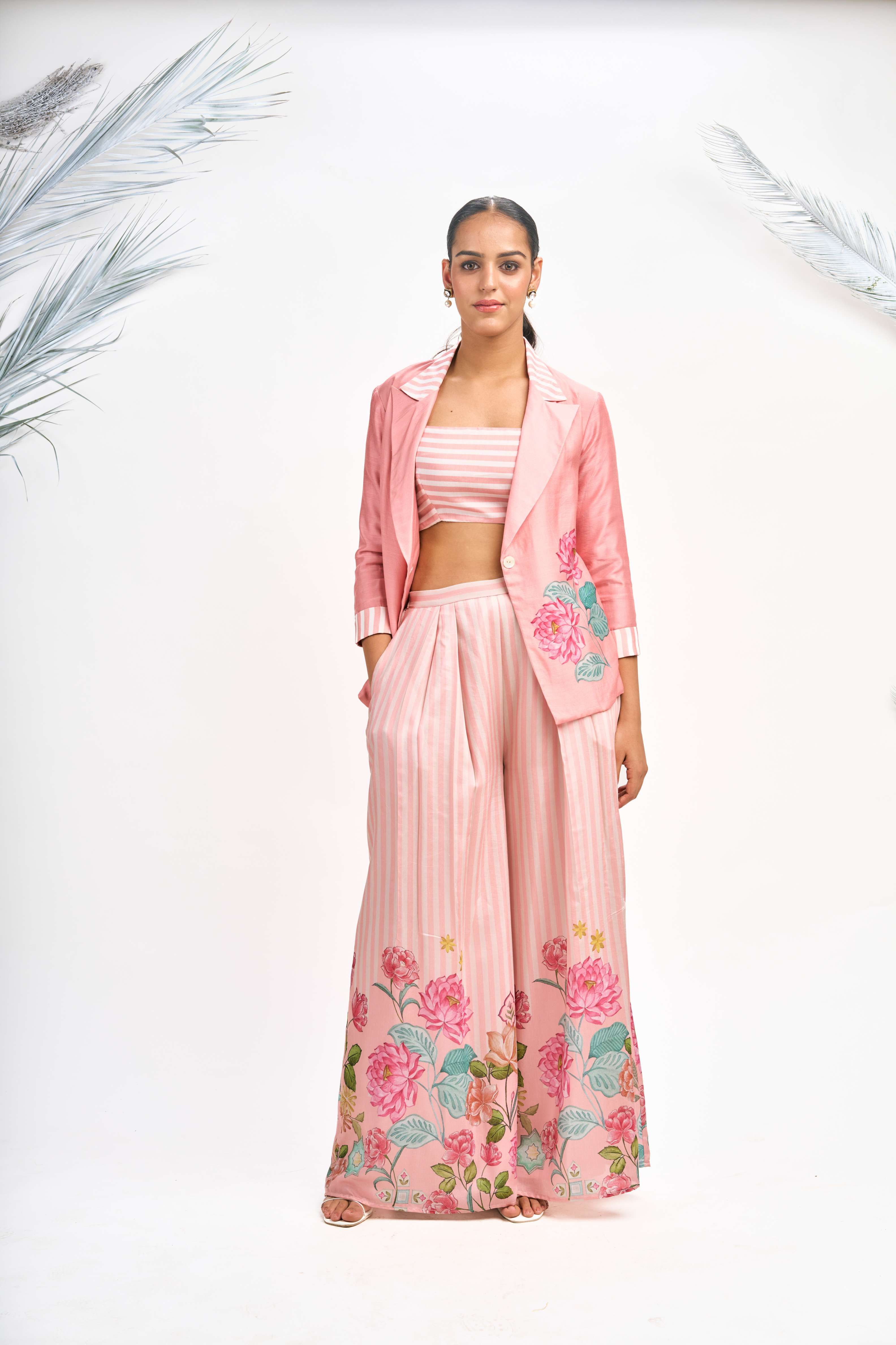 Peach Digital Printed Blazer with Flared Pants & Crop Top