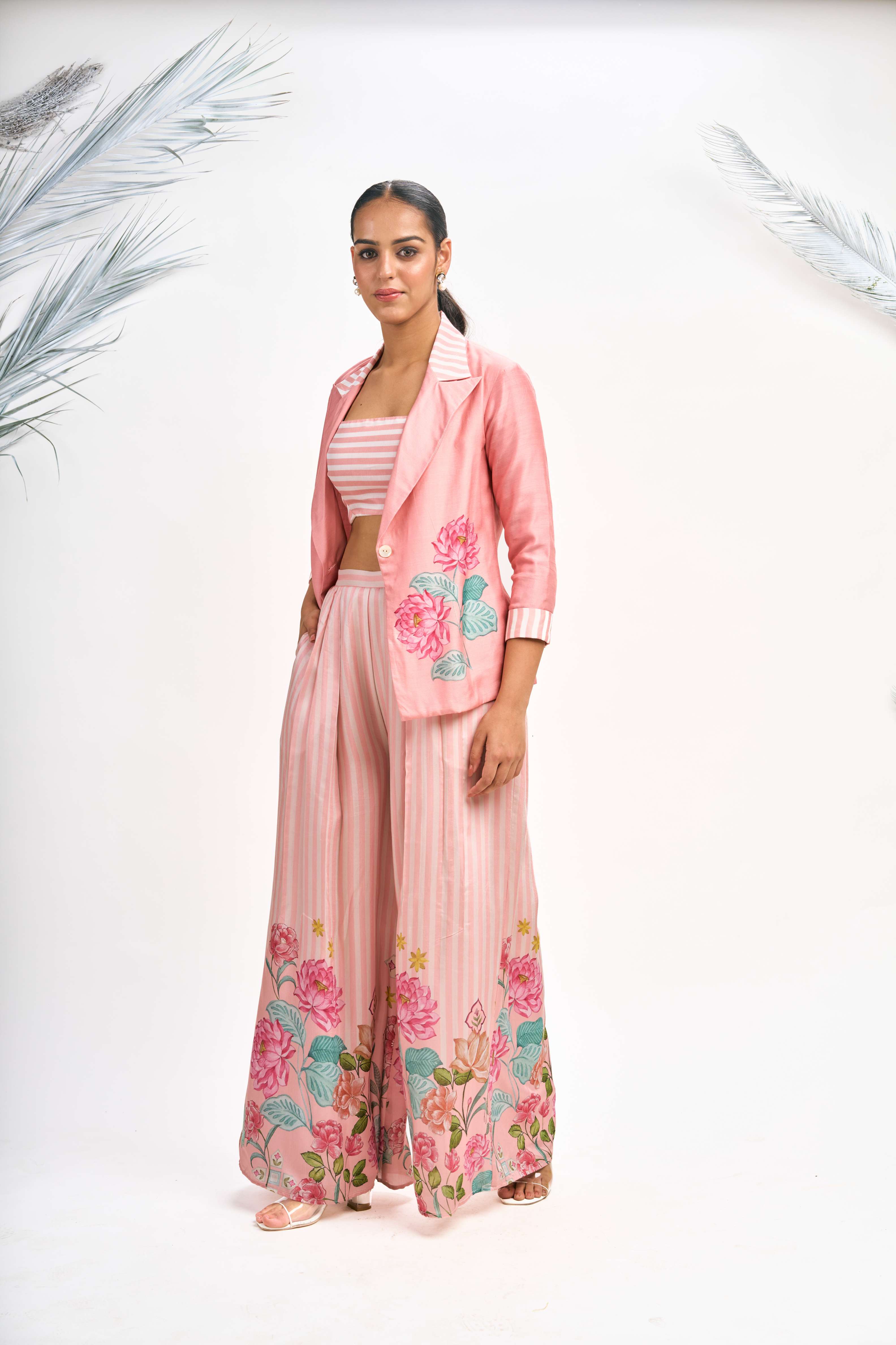 Peach Digital Printed Blazer with Flared Pants & Crop Top