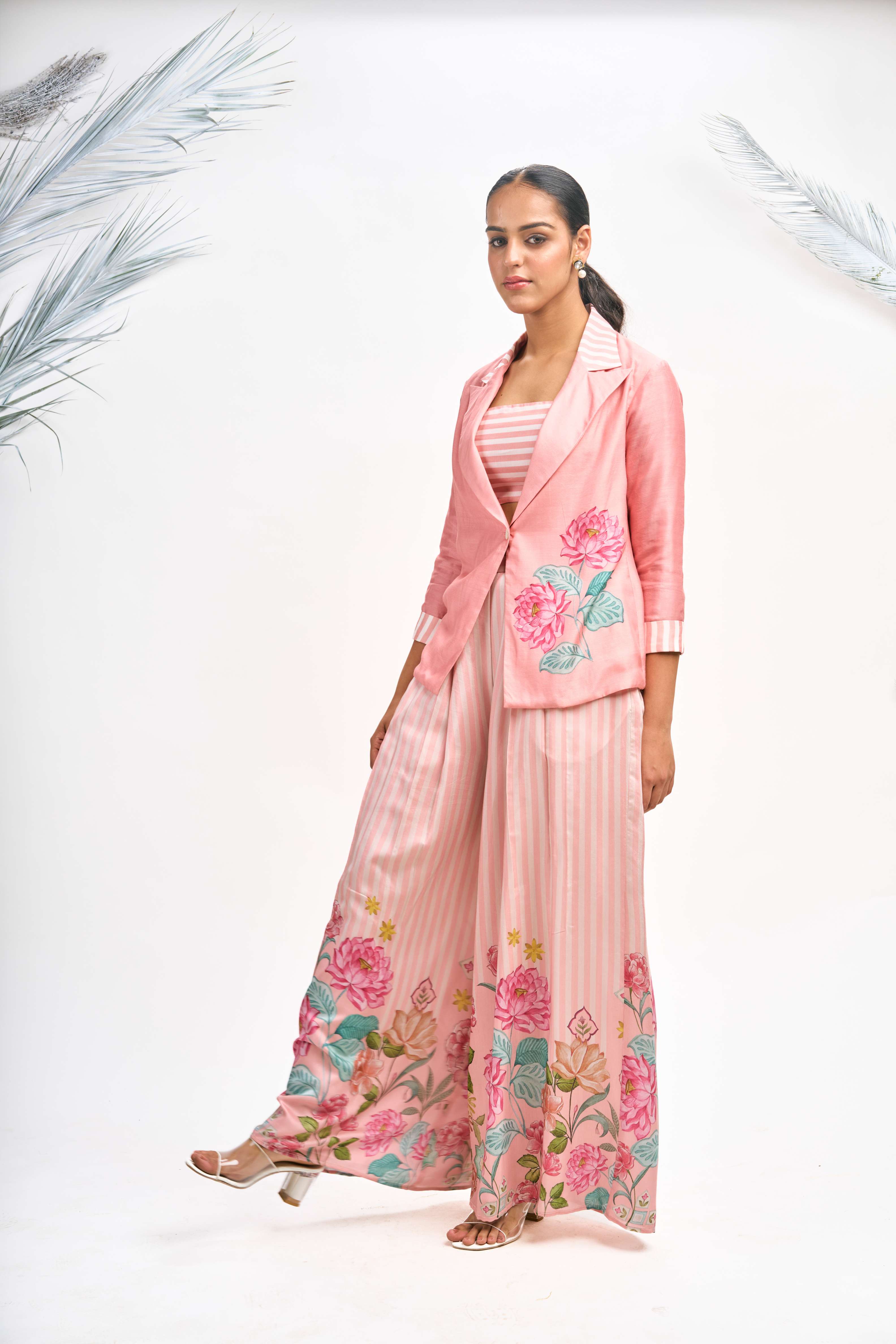 Peach Digital Printed Blazer with Flared Pants & Crop Top