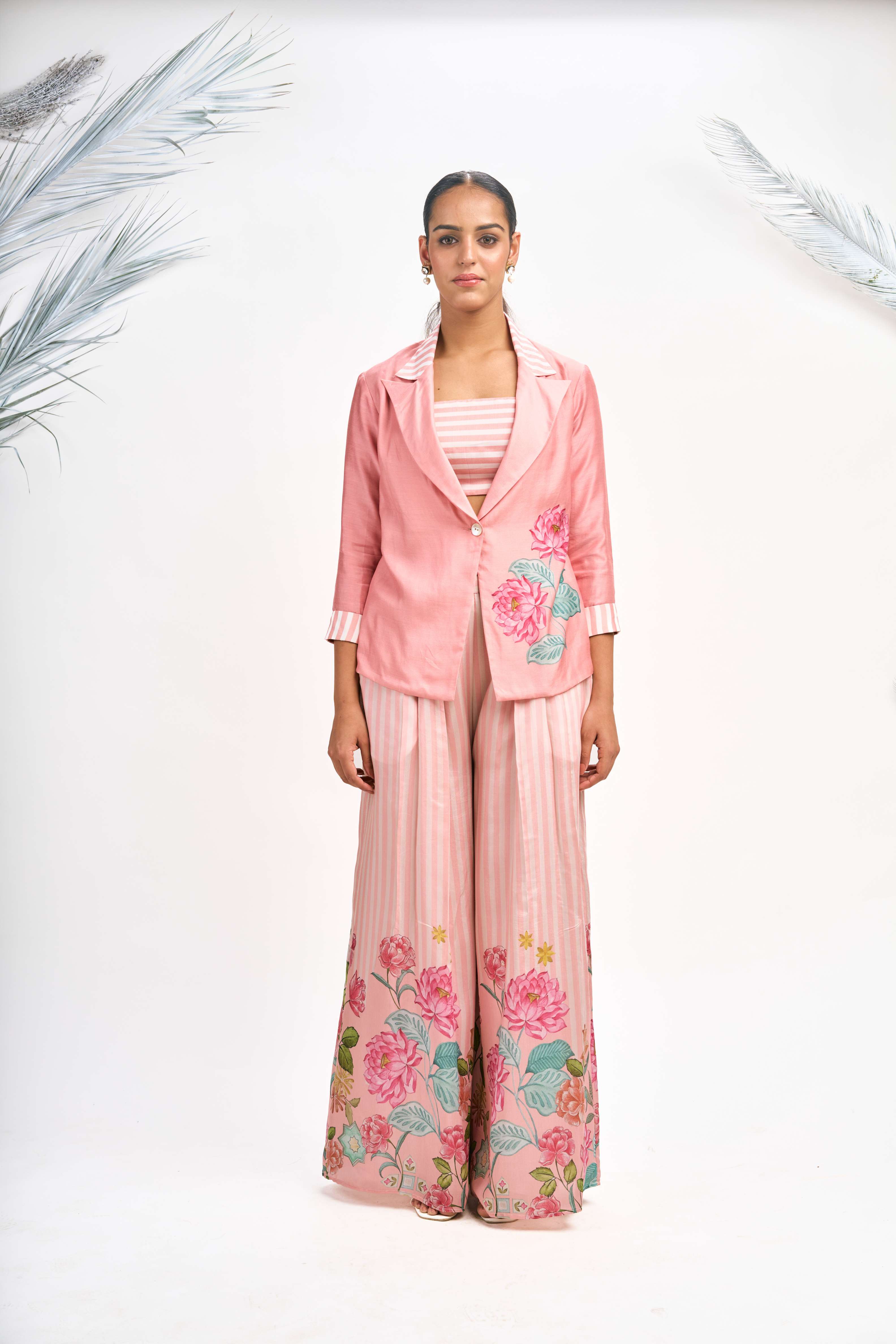 Peach Digital Printed Blazer with Flared Pants & Crop Top