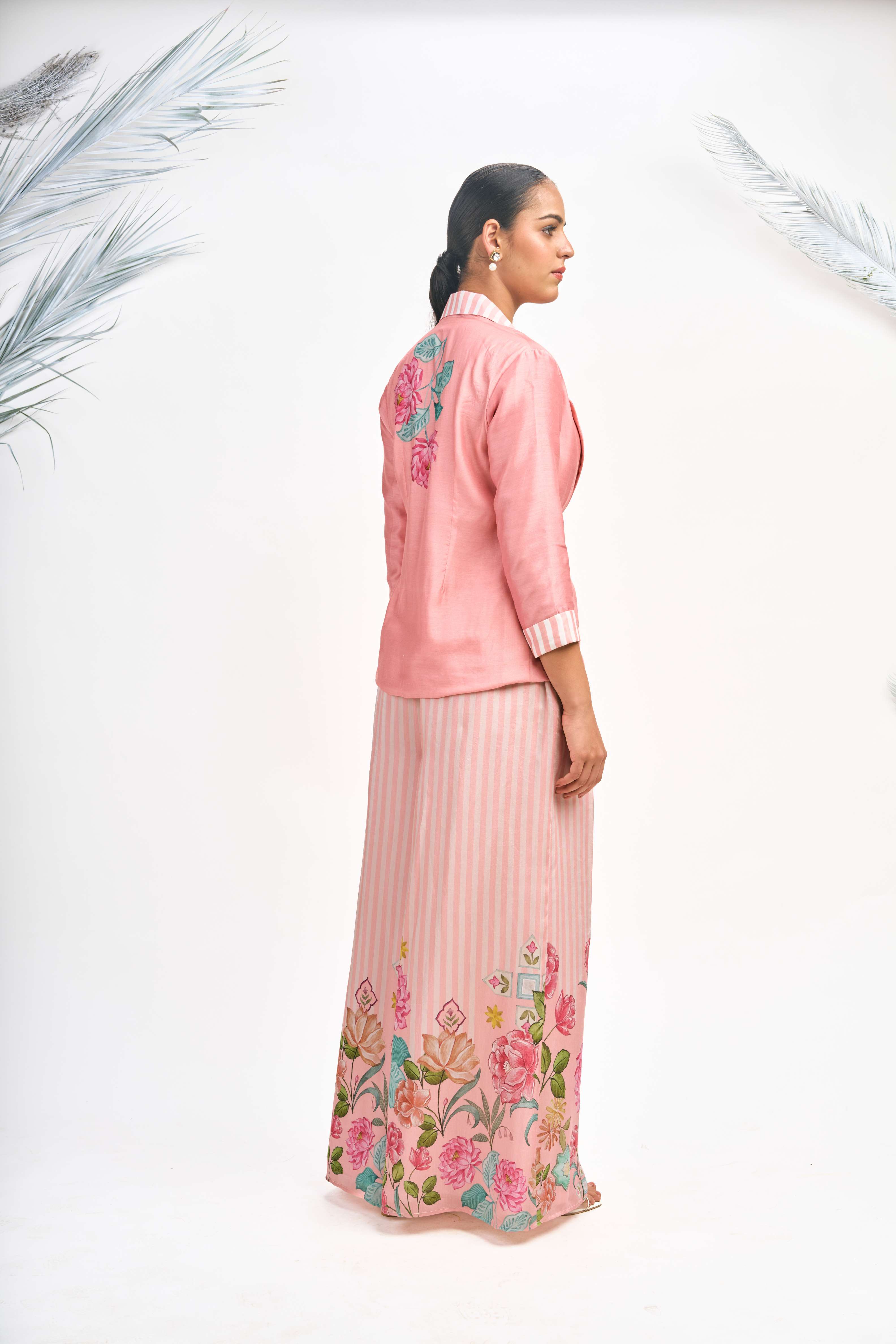 Peach Digital Printed Blazer with Flared Pants & Crop Top