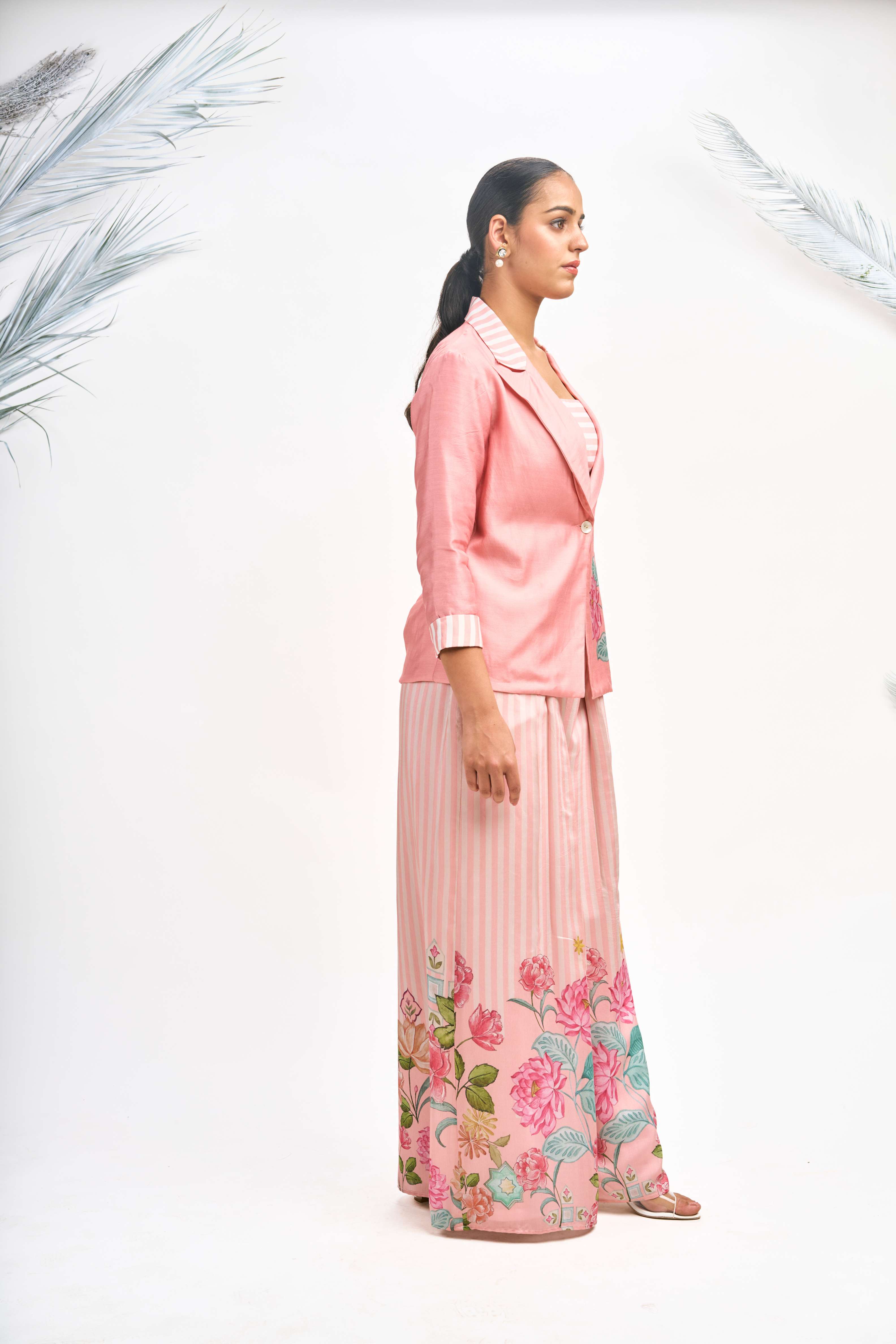 Peach Digital Printed Blazer with Flared Pants & Crop Top