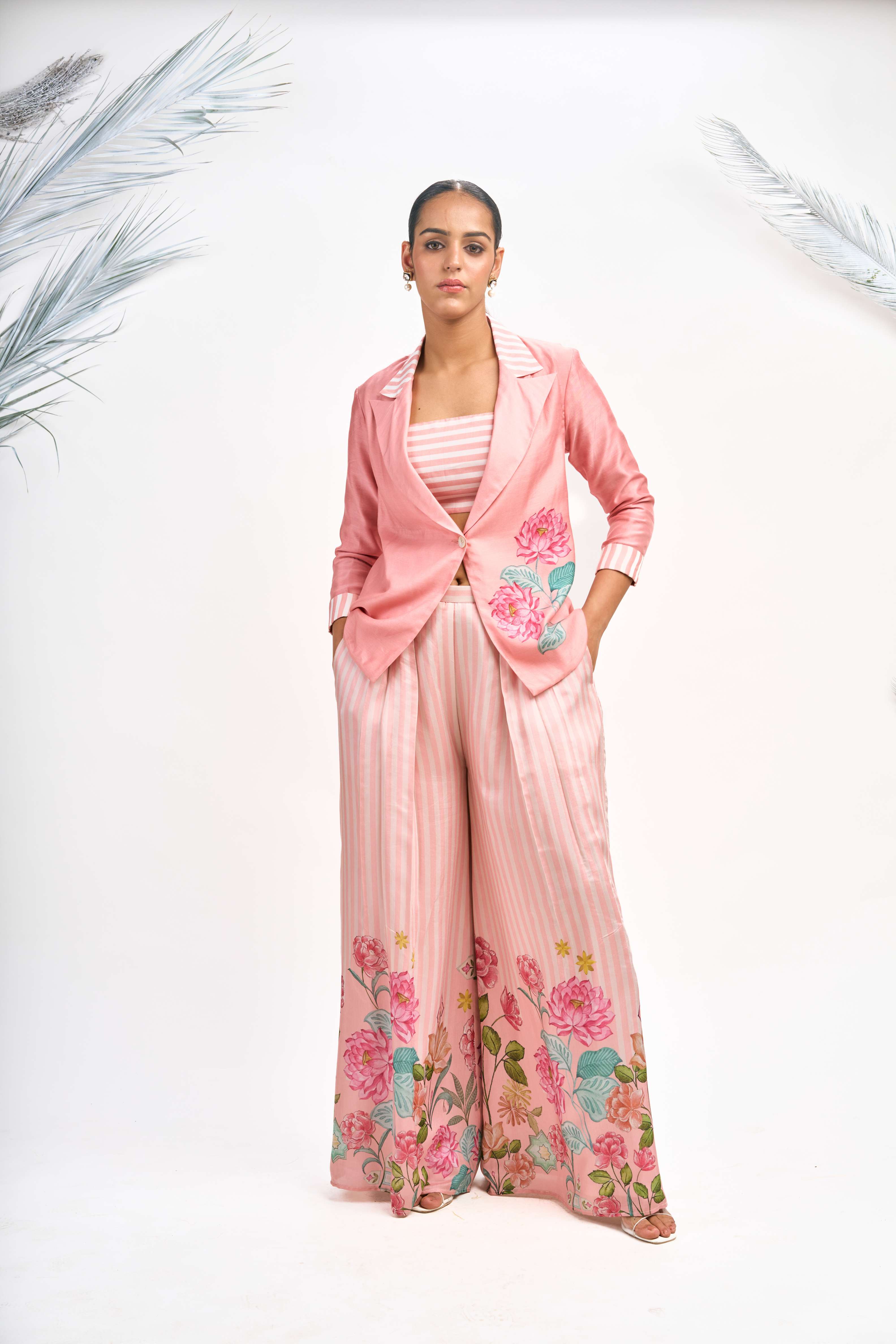 Peach Digital Printed Blazer with Flared Pants & Crop Top