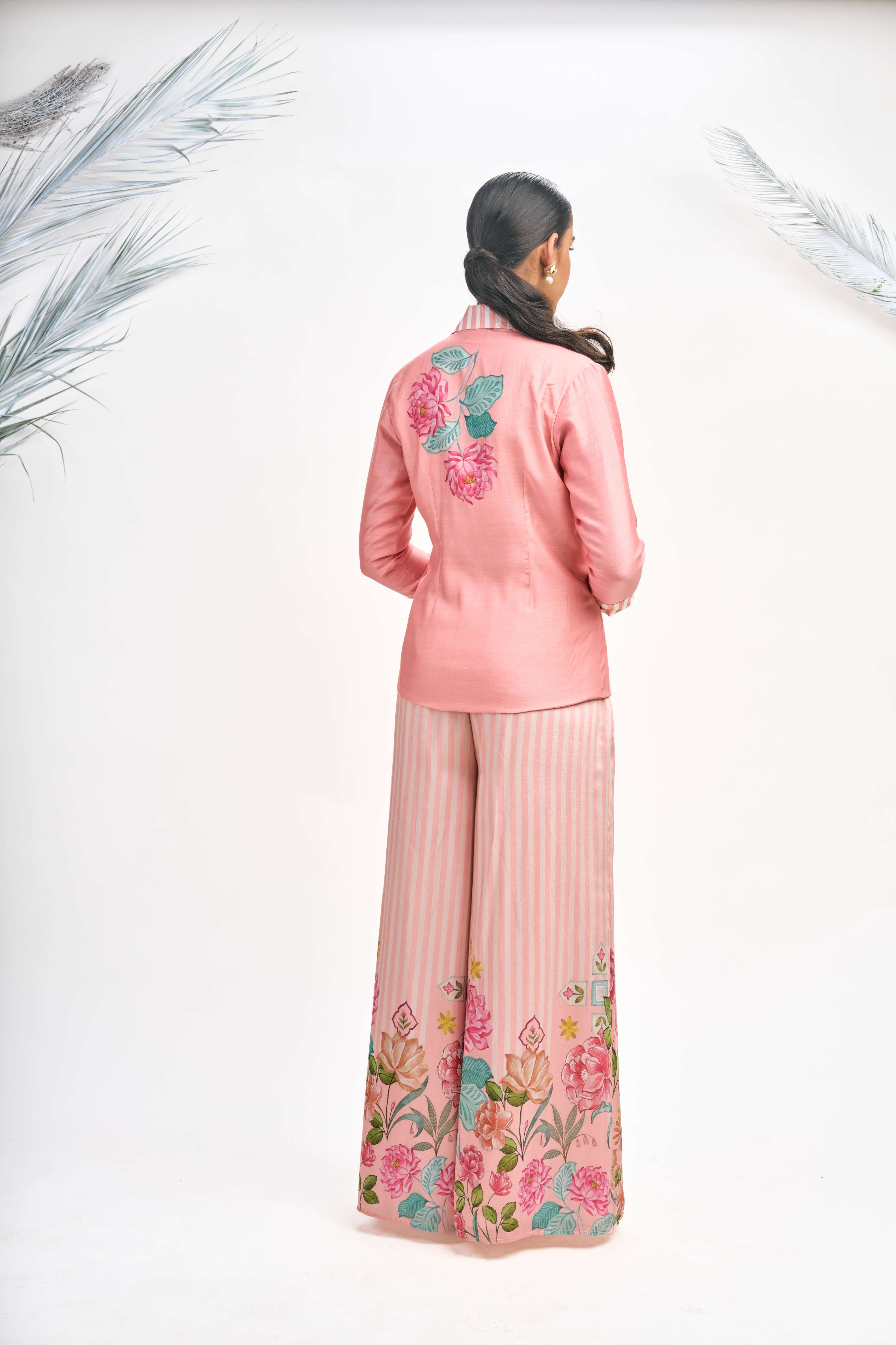 Peach Digital Printed Blazer with Flared Pants & Crop Top