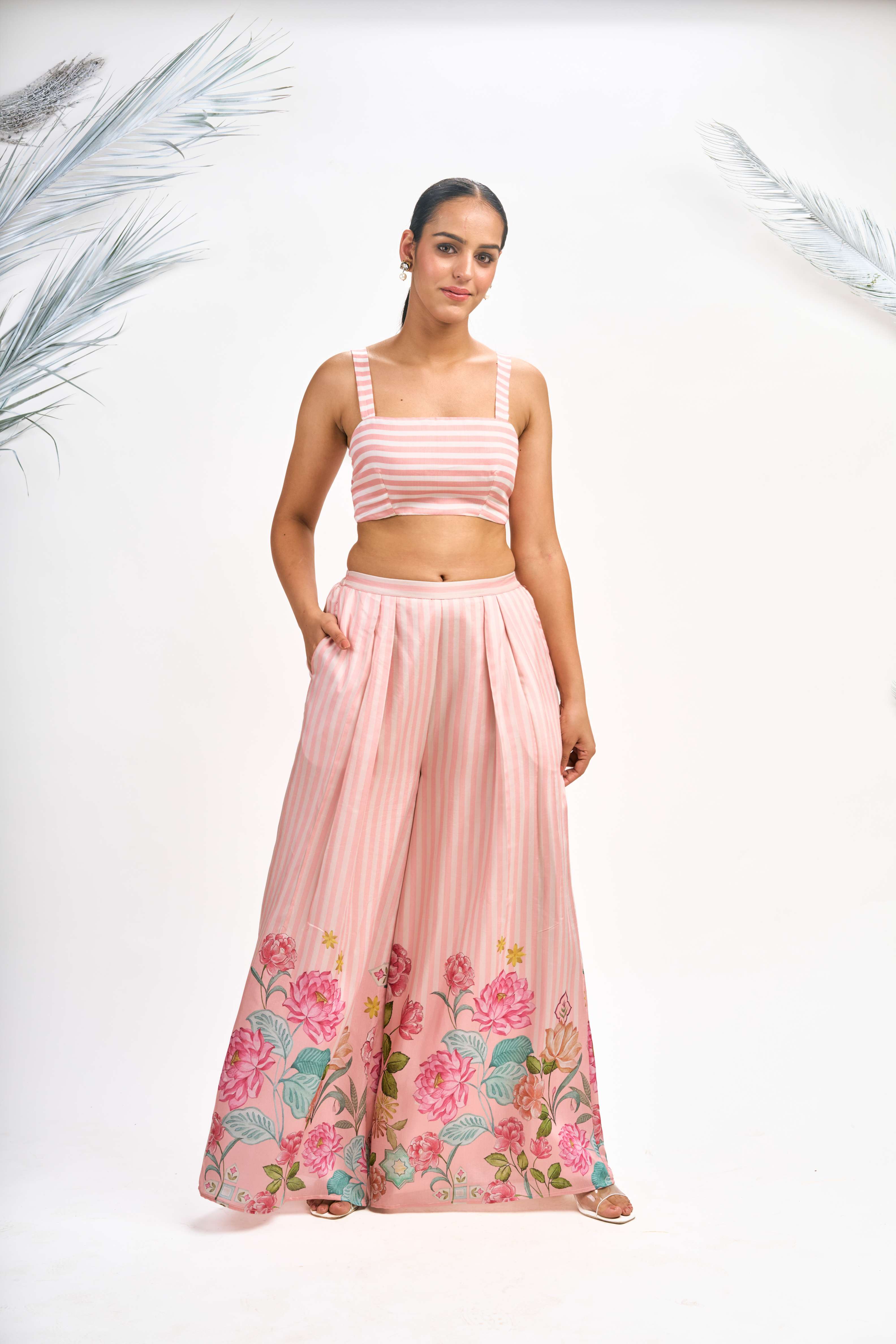 Peach Digital Printed Blazer with Flared Pants & Crop Top