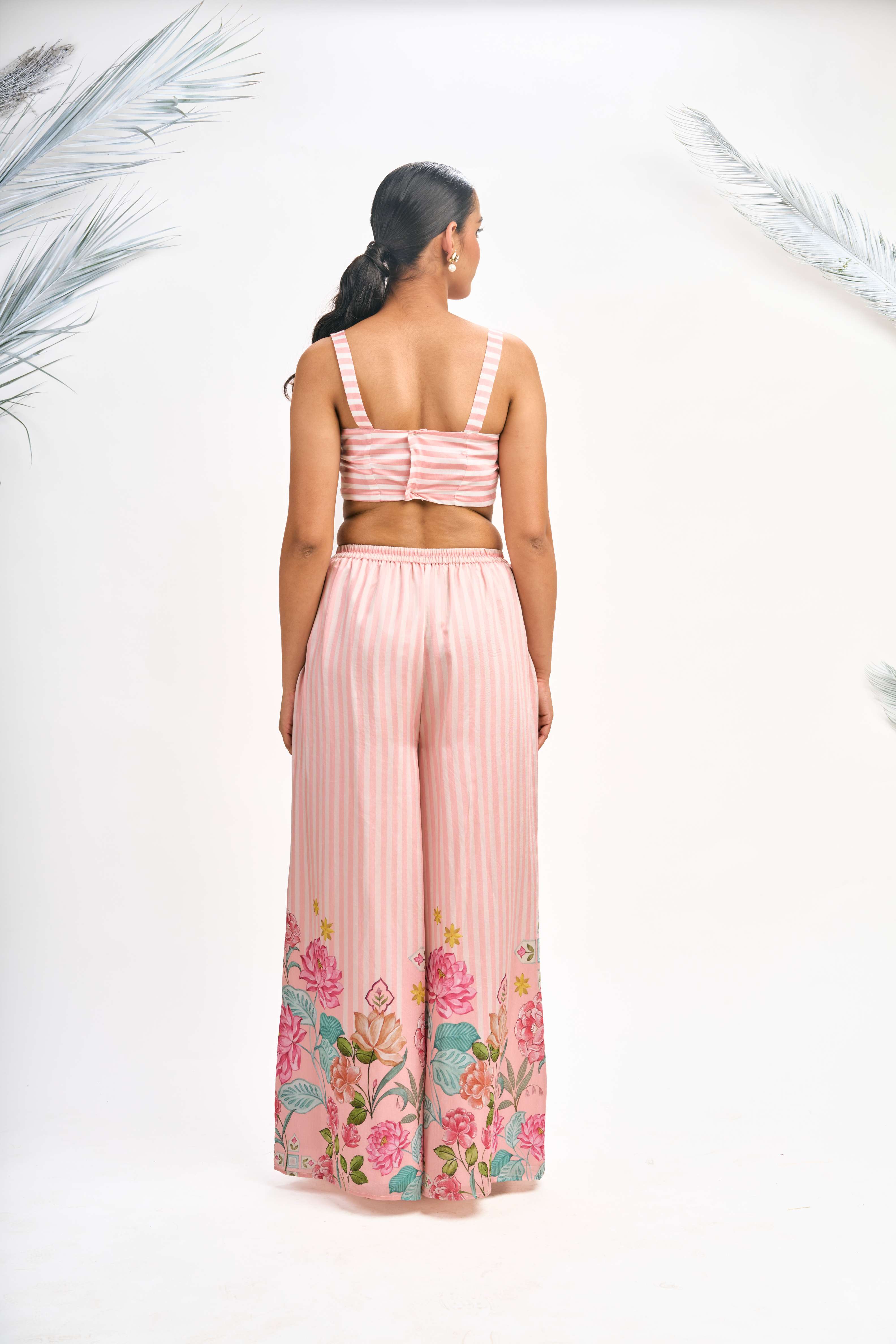 Peach Digital Printed Blazer with Flared Pants & Crop Top