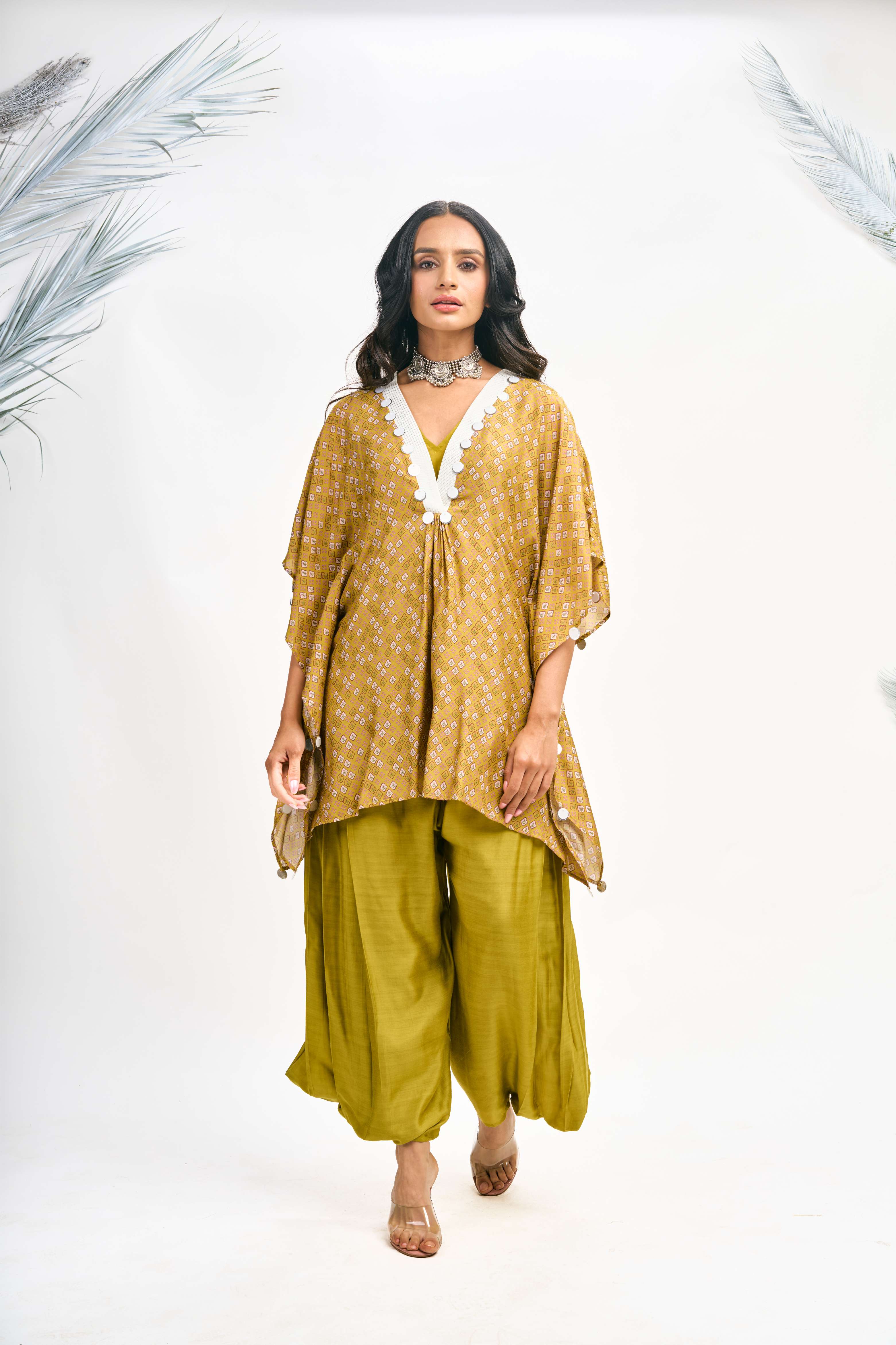 Mustard Green Digital Printed Kaftaan Co-ord Set