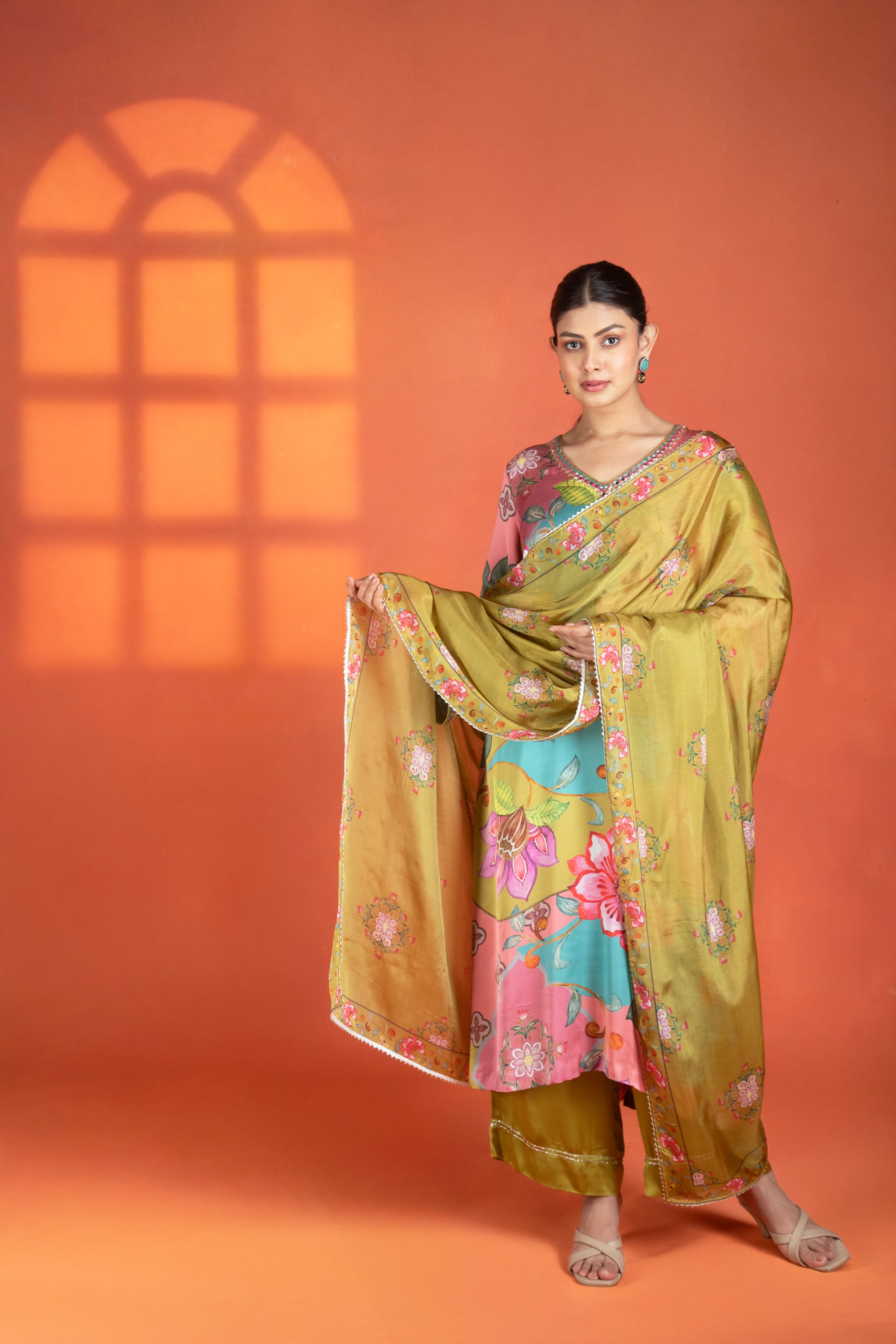 Multi-Color Floral Printed Kurta with Pants & Dupatta