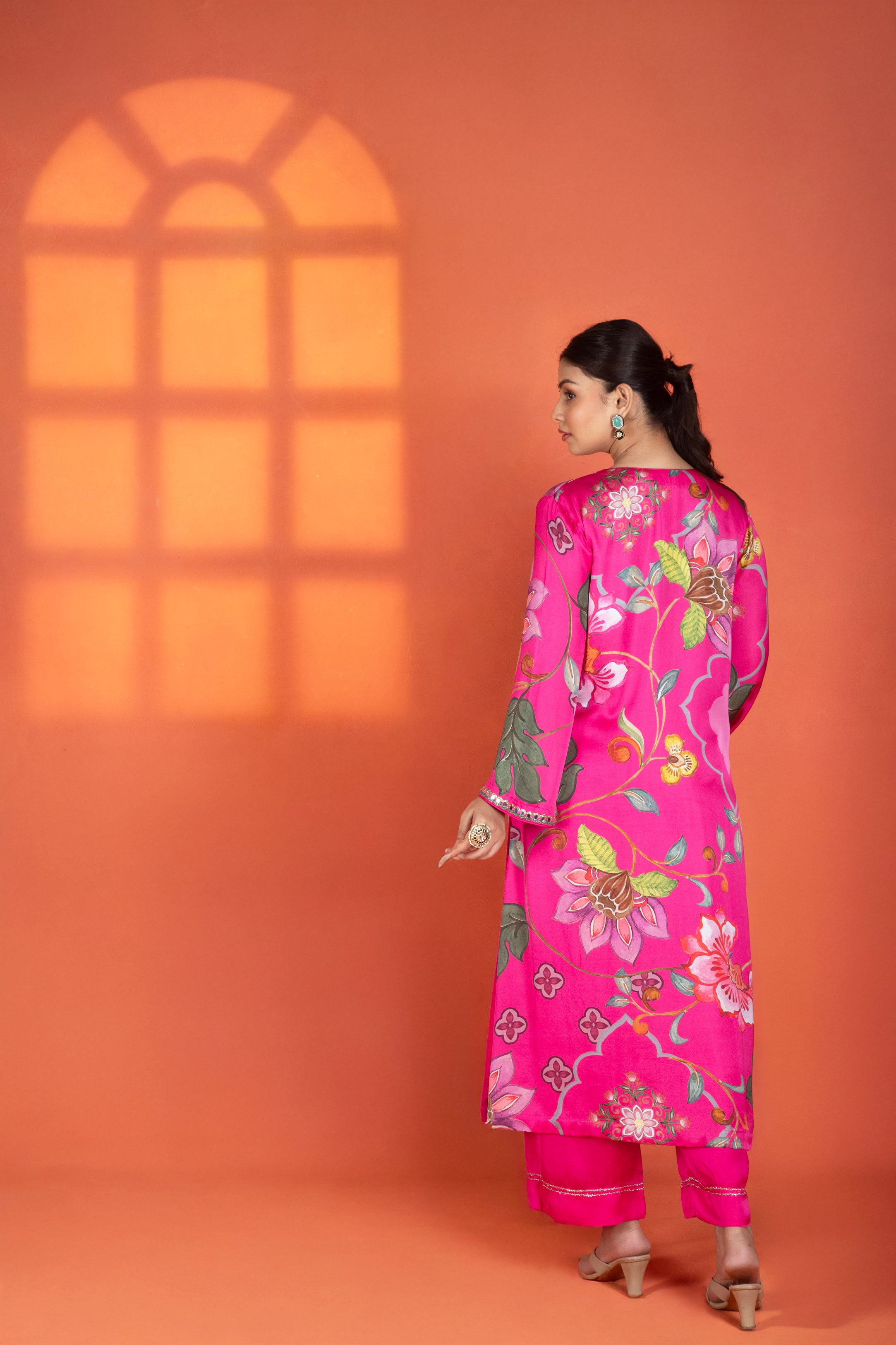 Fushia Floral Printed Kurta with Pants & Dupatta
