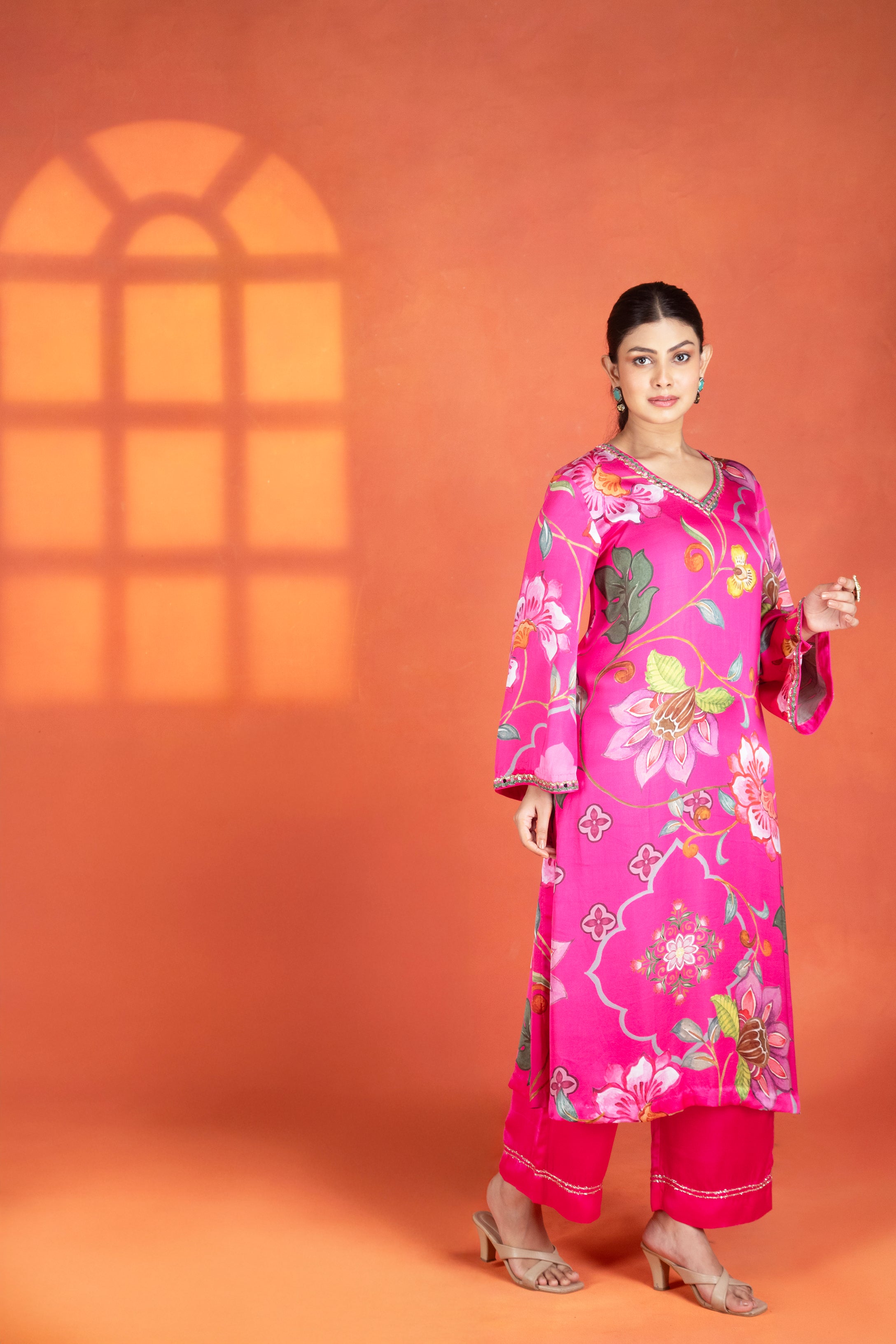 Fushia Floral Printed Kurta with Pants & Dupatta