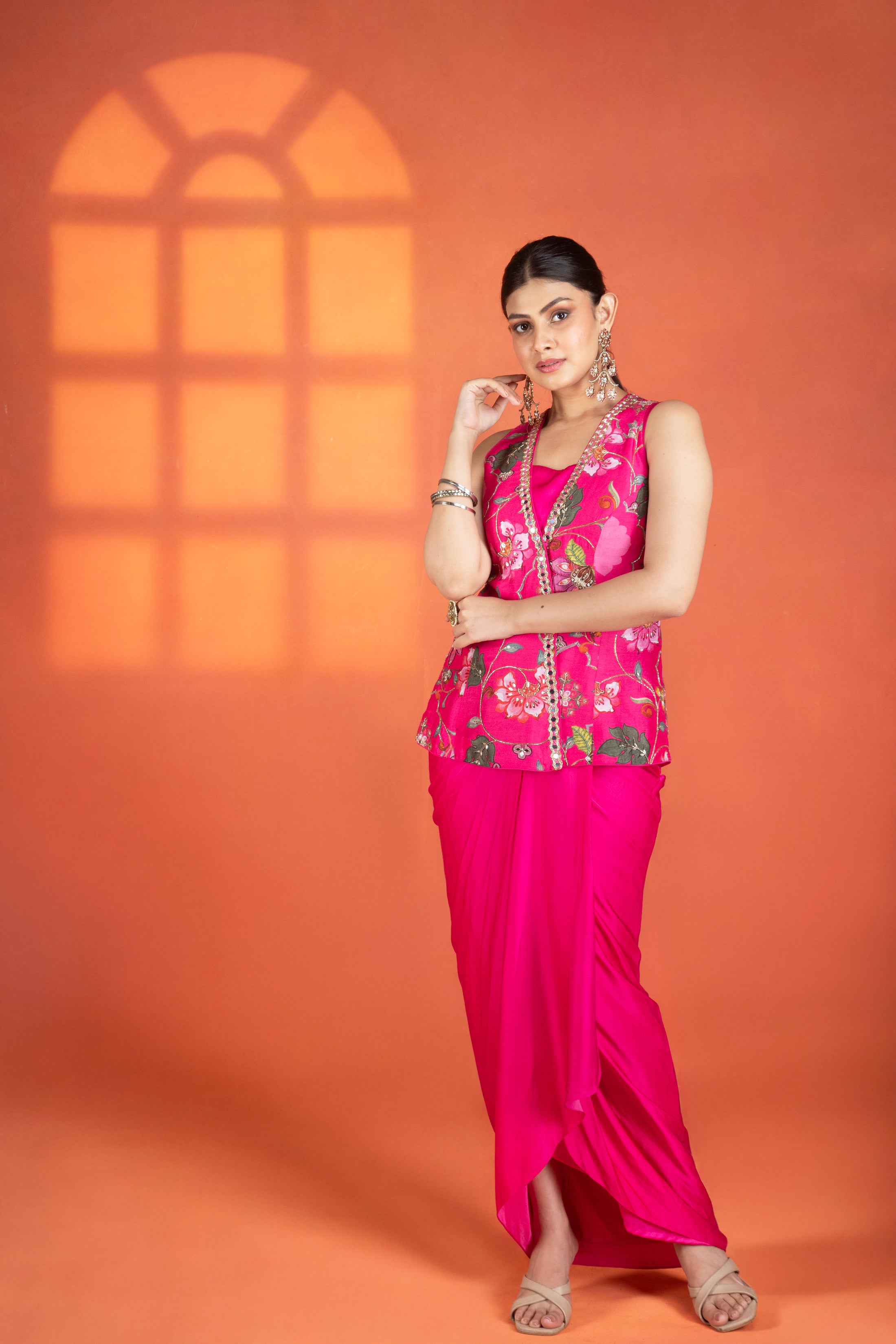 Fuchsia Floral Printed Hand-Embroidered Jacket Styled with Inner & Flowy Drape Skirt