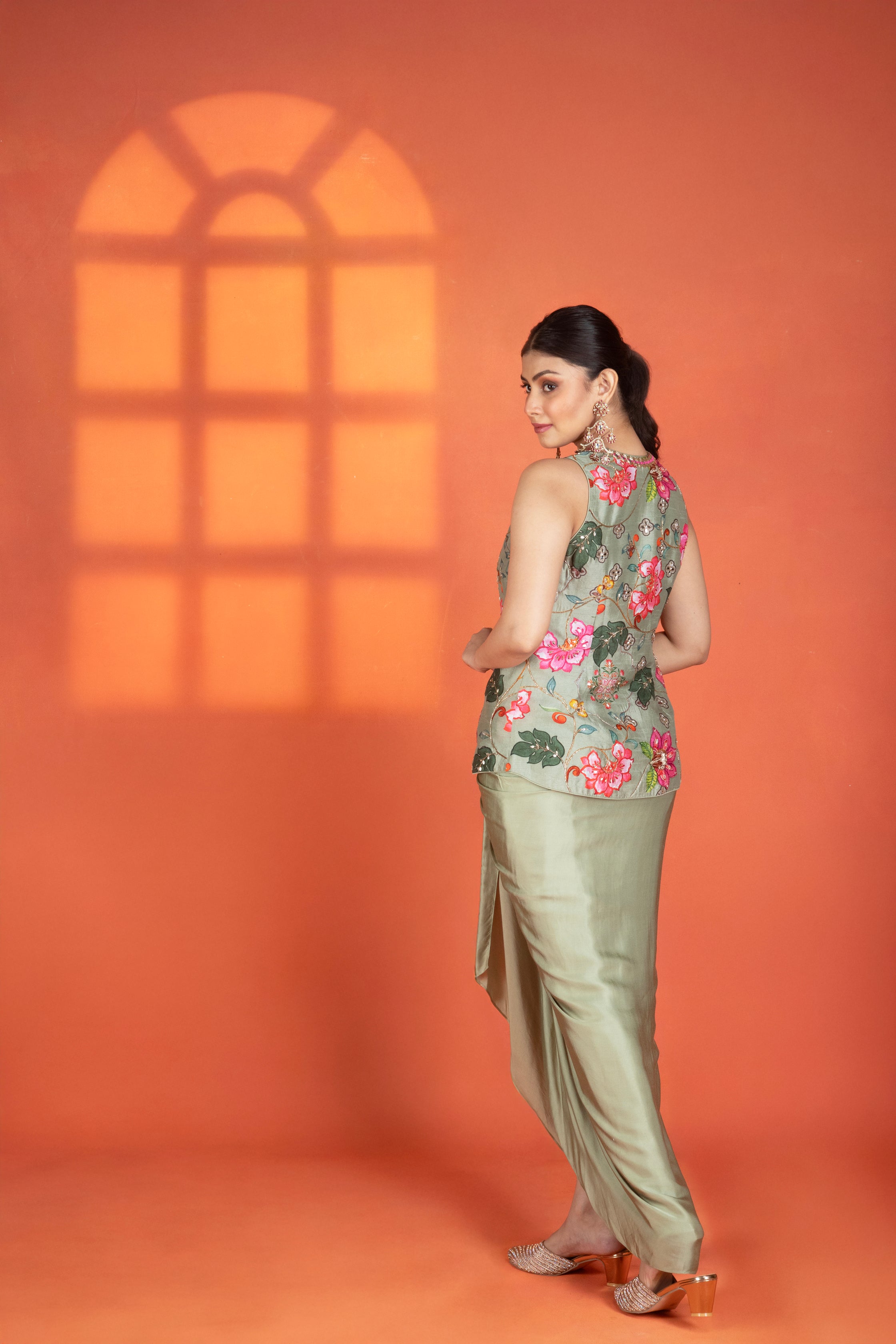 Green Floral Printed Hand-Embroidered Jacket Styled with Inner & Flowy Drape Skirt