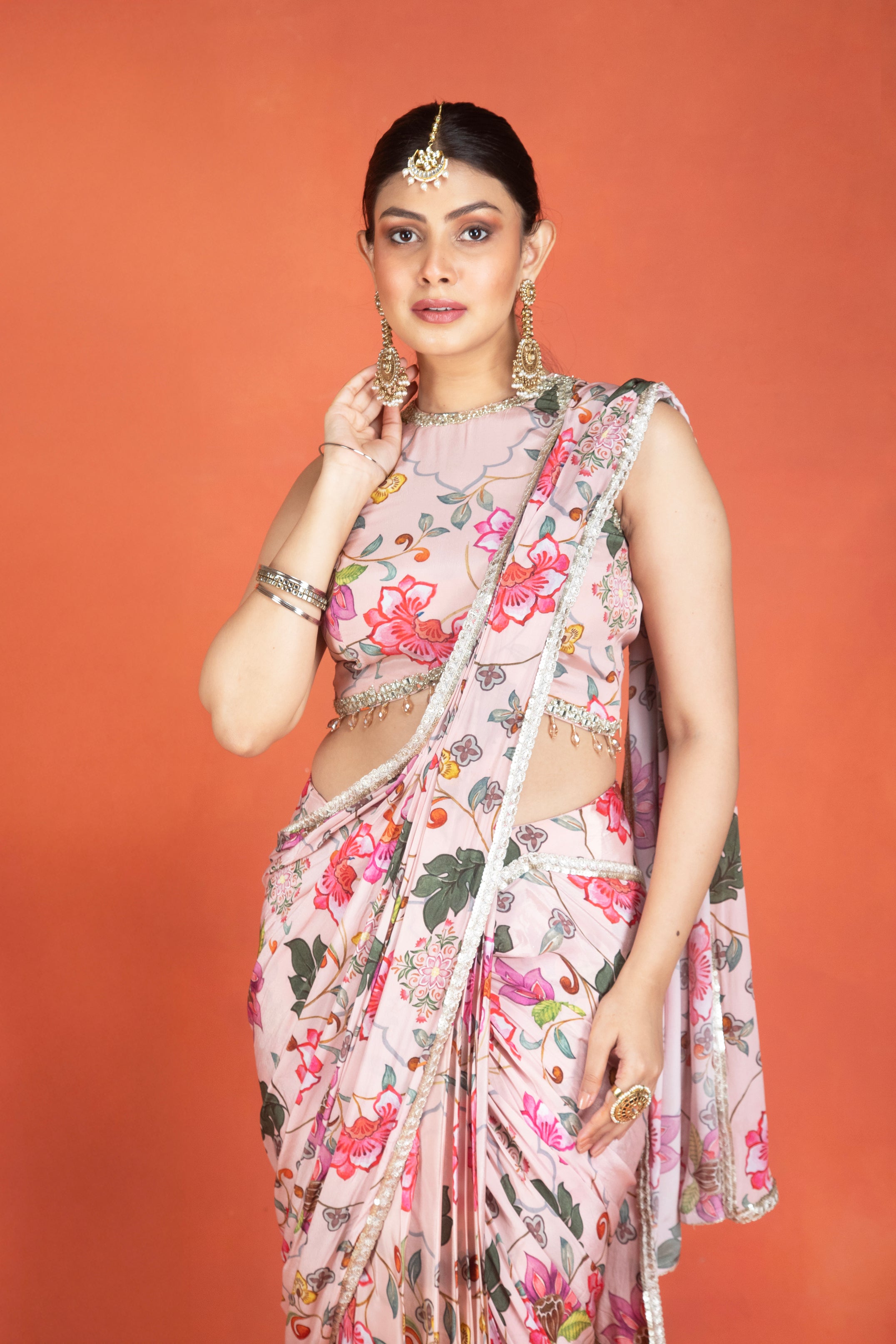 Pink Floral Printed Drape Saree with Mirror Work Halter Neck Blouse