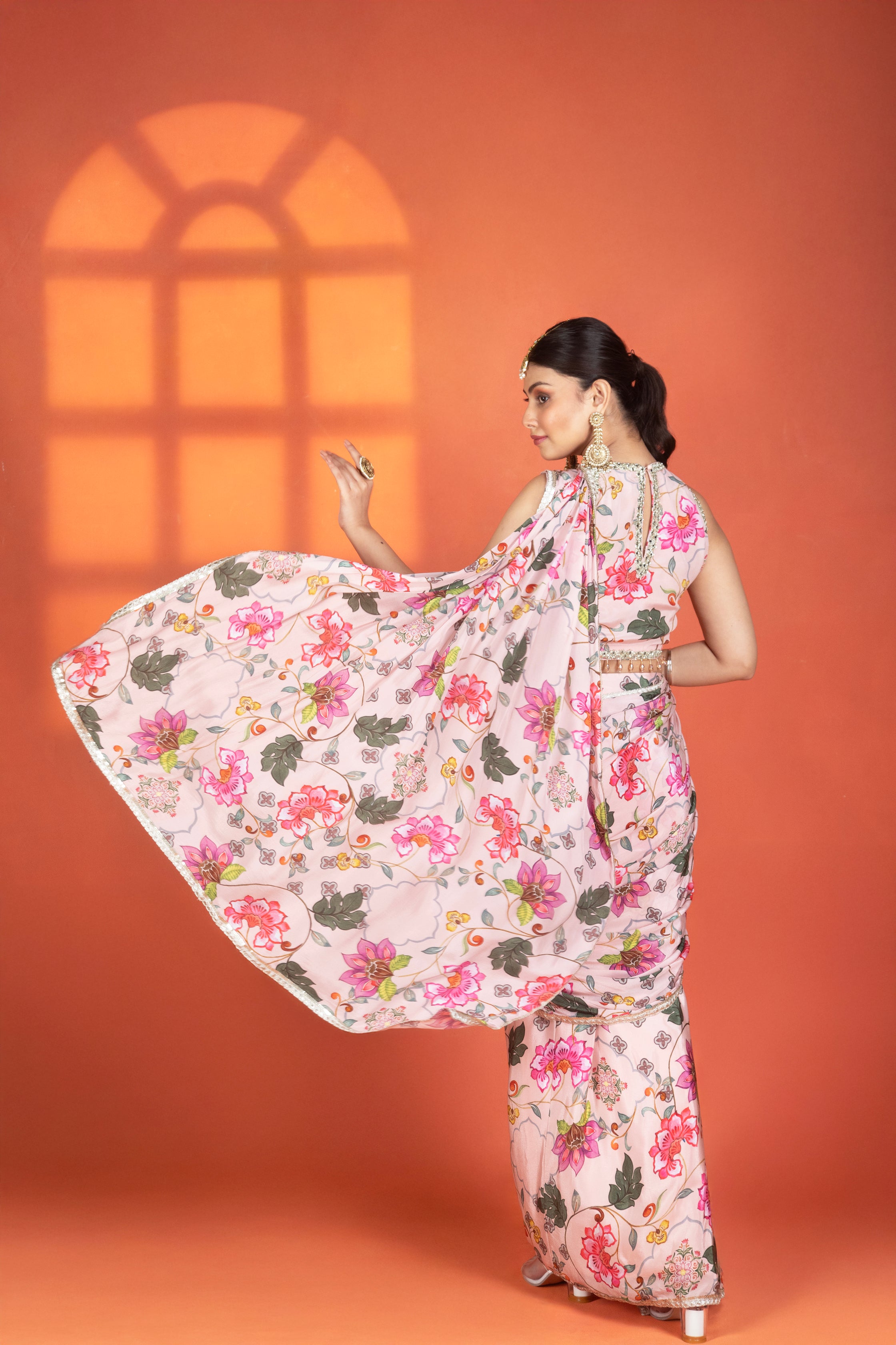 Pink Floral Printed Drape Saree with Mirror Work Halter Neck Blouse