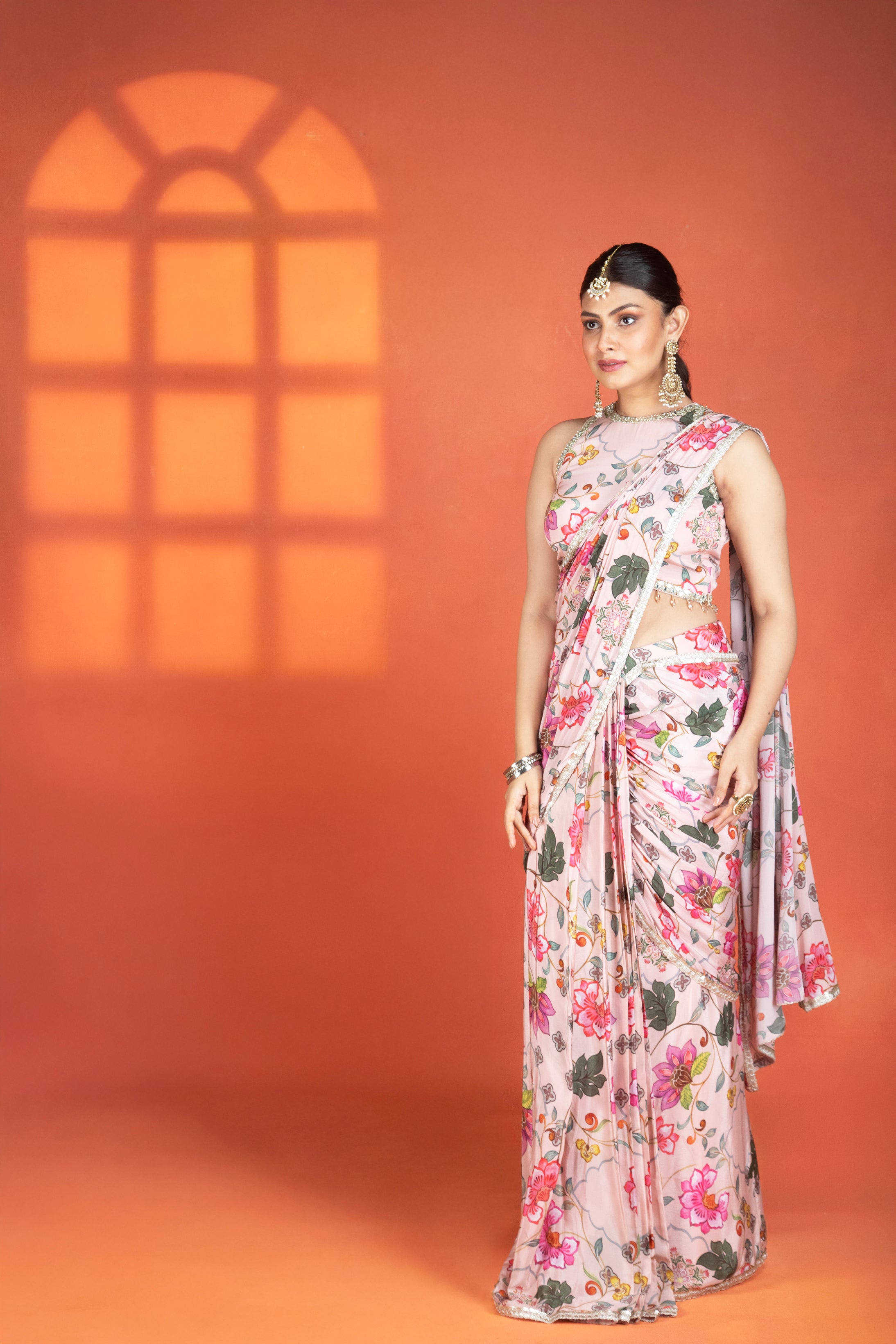 Pink Floral Printed Drape Saree with Mirror Work Halter Neck Blouse