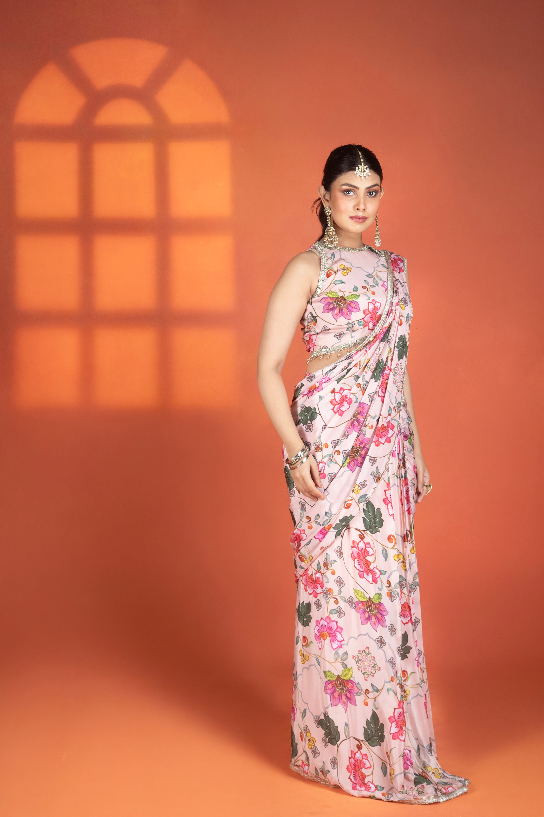 Pink Floral Printed Drape Saree with Mirror Work Halter Neck Blouse