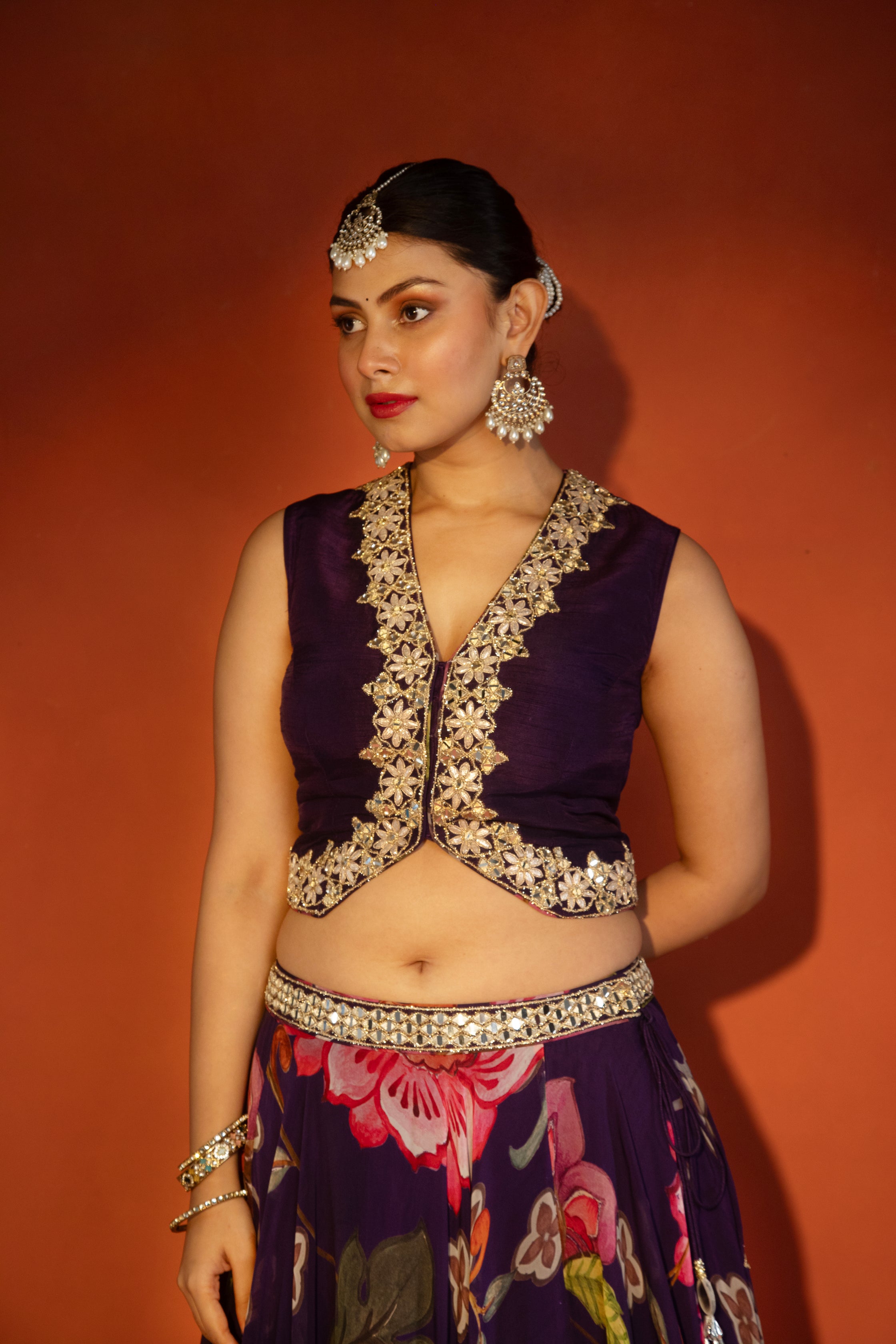 Purple Floral Lehenga With Mirror-Work Waistcoat And Placement Dupatta