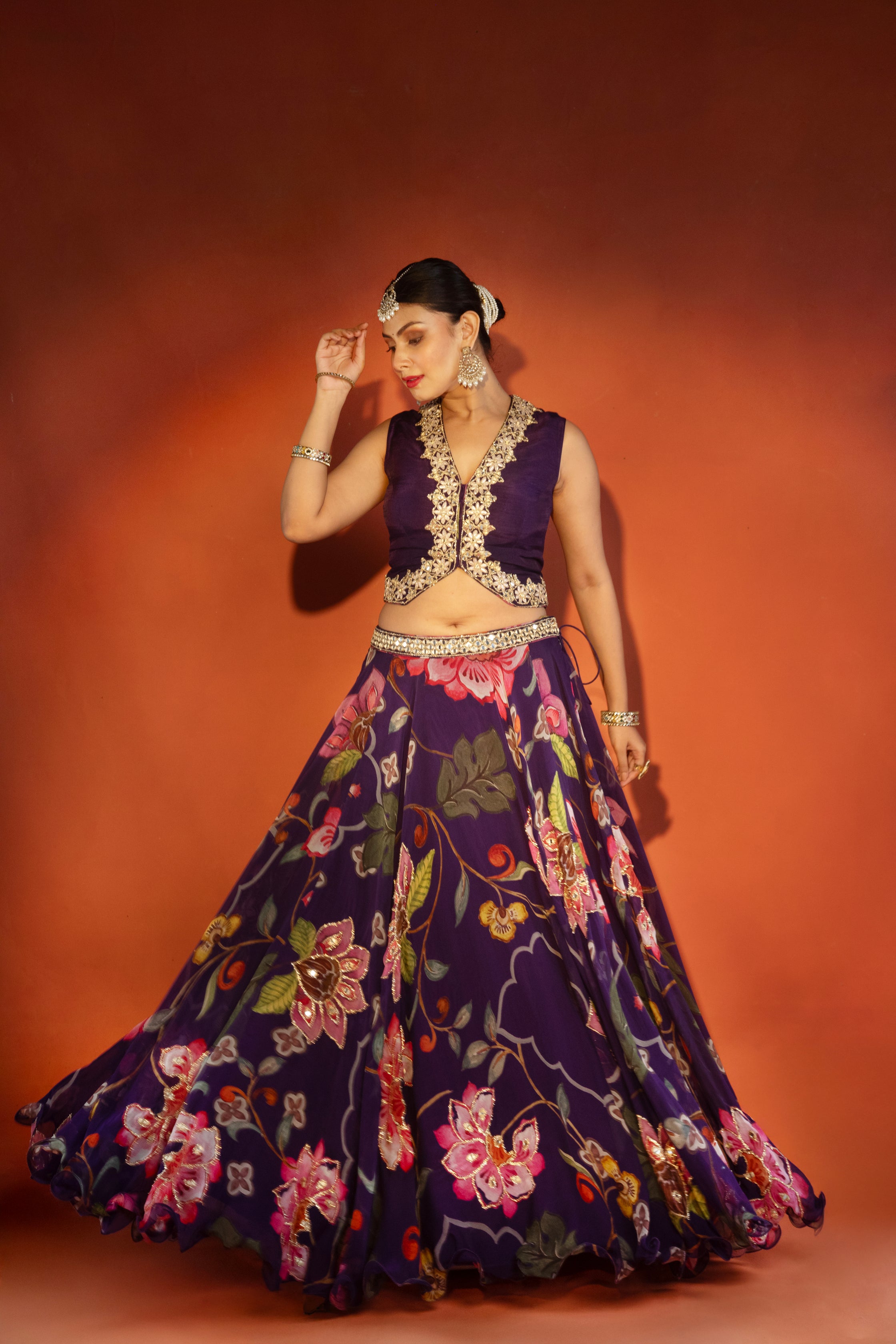 Purple Floral Lehenga With Mirror-Work Waistcoat And Placement Dupatta