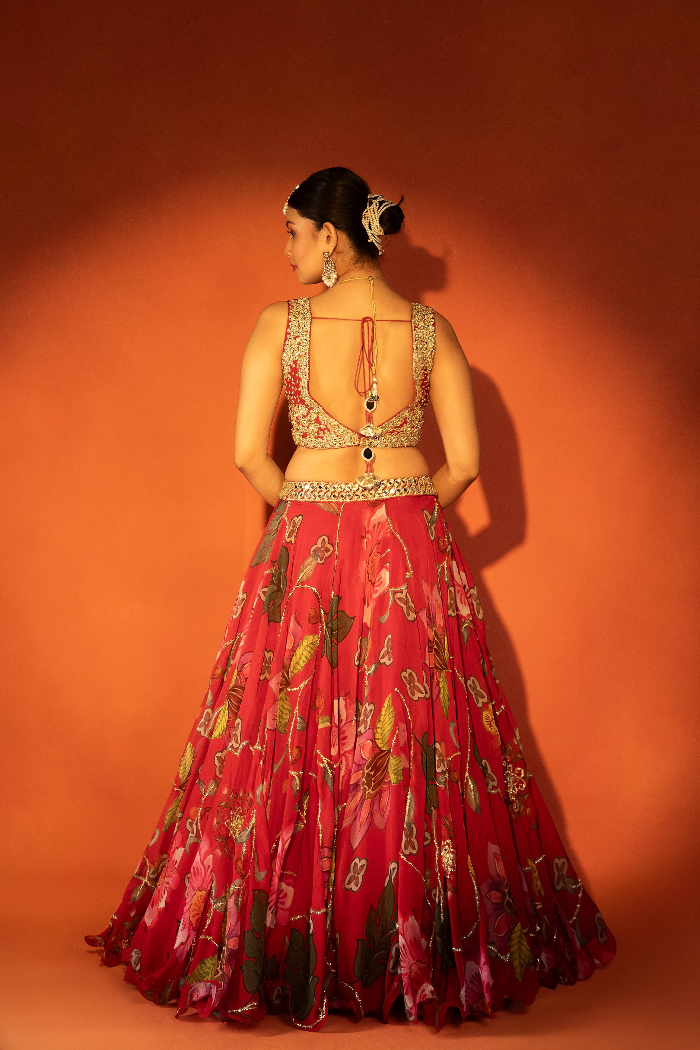 Red Floral Lehenga with Mirror-Work Blouse and Placement Dupatta