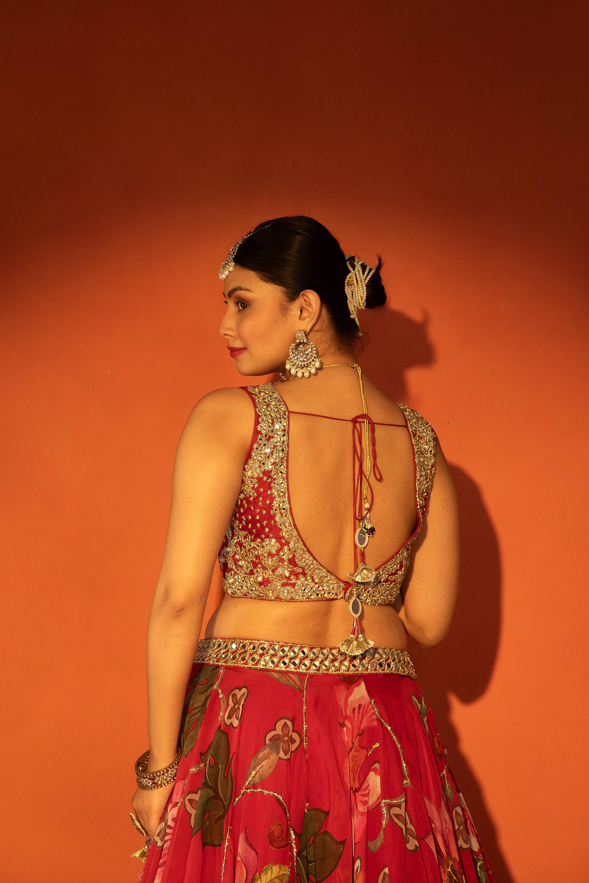 Red Floral Lehenga with Mirror-Work Blouse and Placement Dupatta