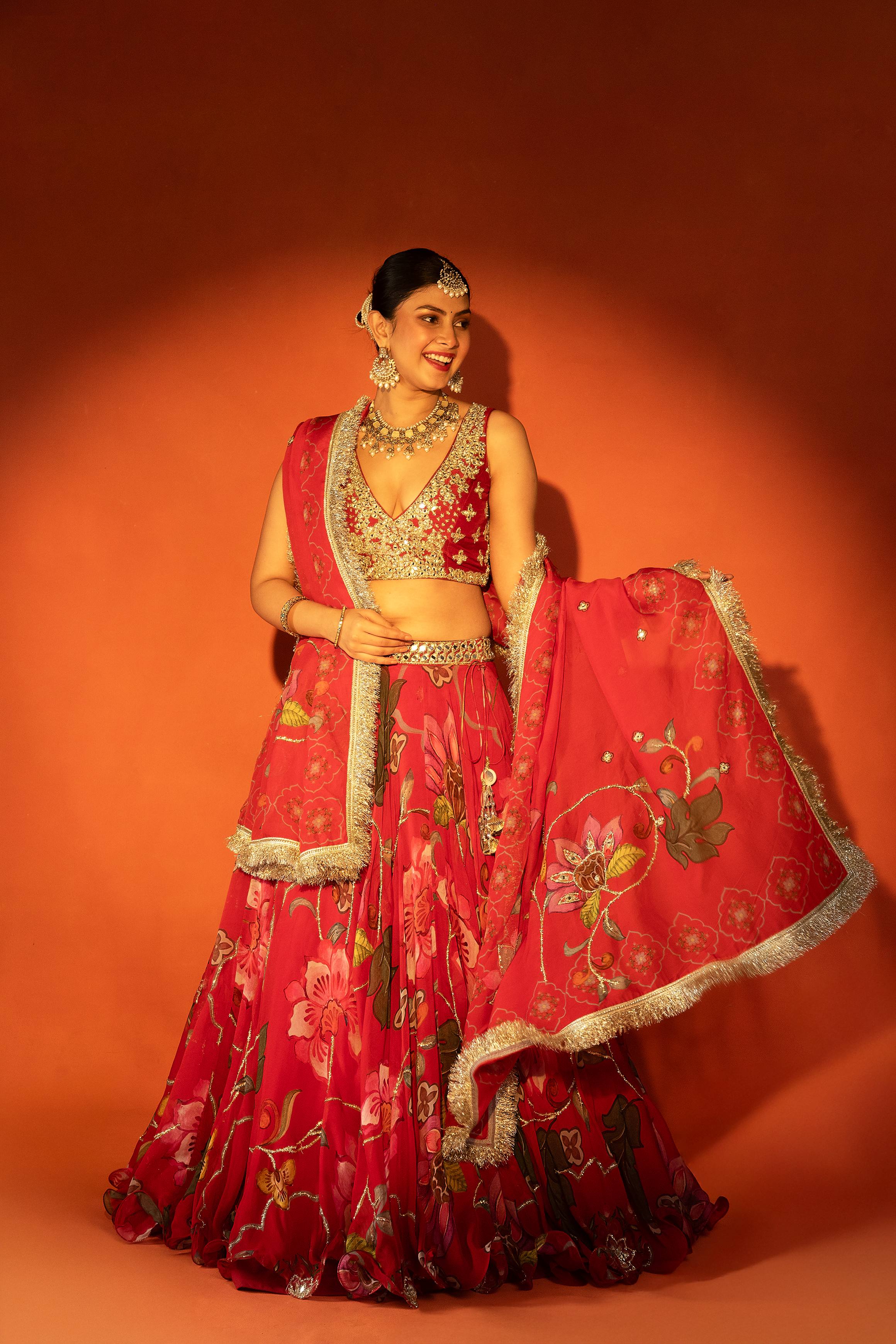 Red Floral Lehenga with Mirror-Work Blouse and Placement Dupatta