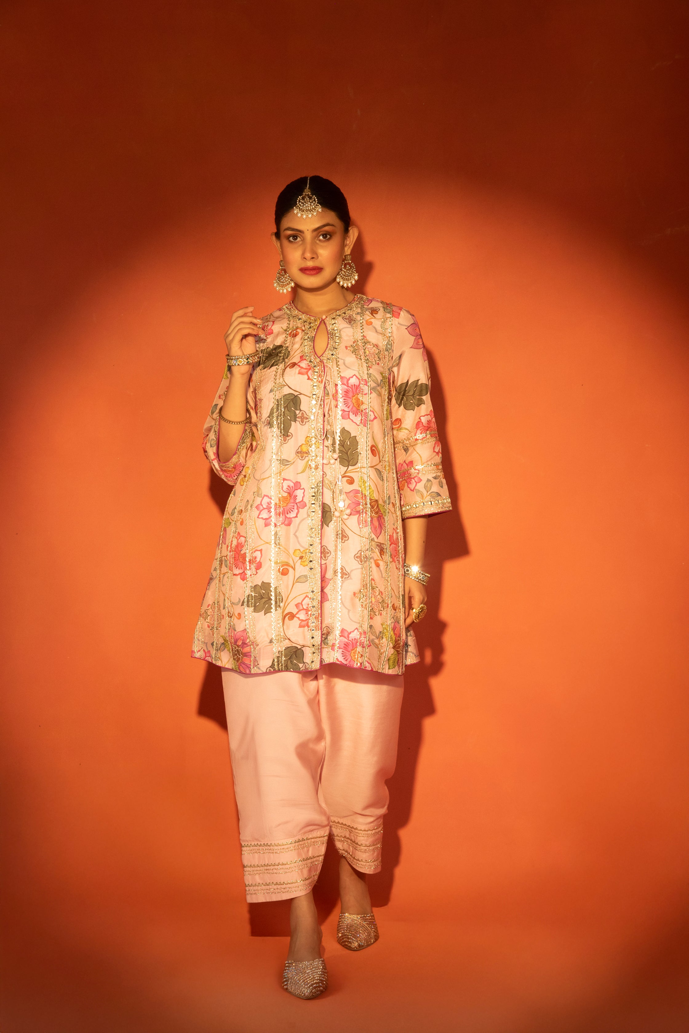 Pink Floral Printed Embroidered Angrakha with Solid Pants & Dupatta